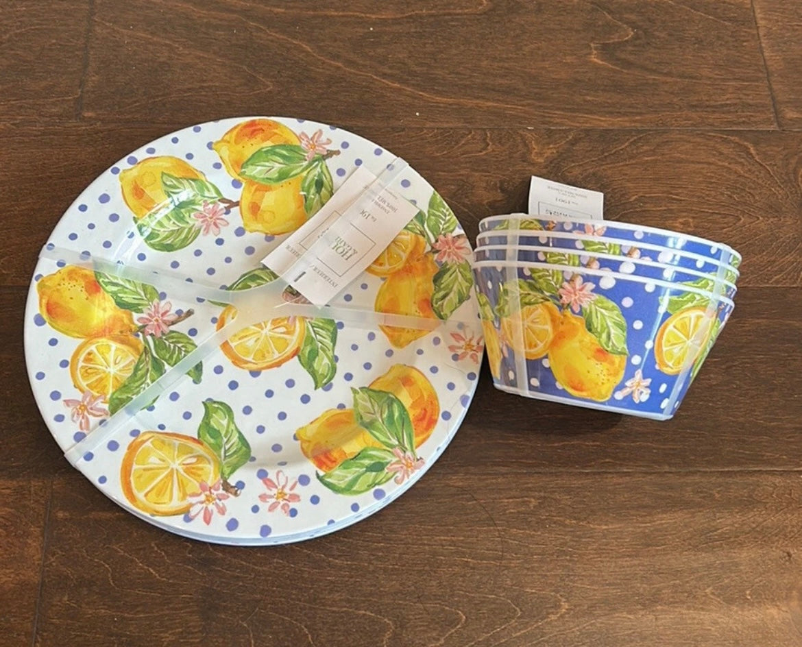 House & Garden Lemon Polka Dot Print Melamine Dinner plates & Bowl 8 Pc Set New
