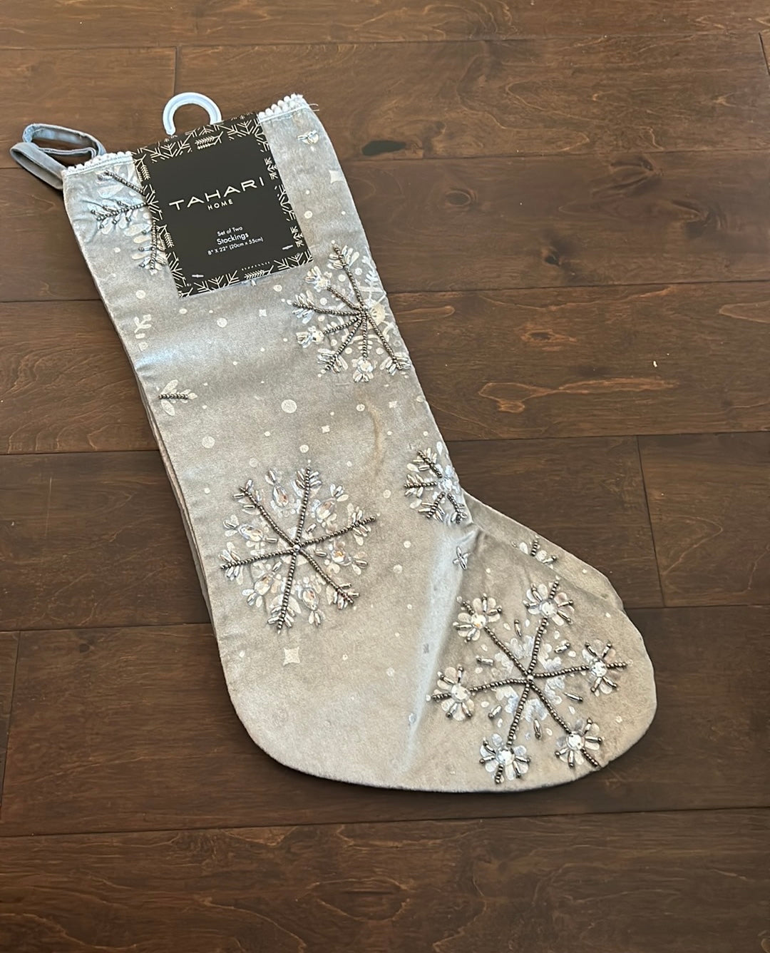 2 Tahari Embroidered Stocking Christmas Beaded Gray Silver Snowflake