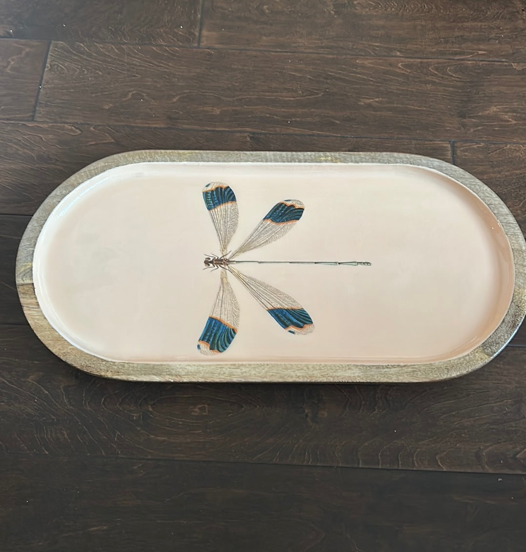 New Wood Dragonfly Serving Platter 20”x10” With Legs Top Is Glossy Finish