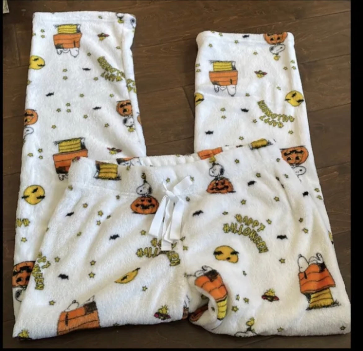 Peanuts womens Halloween Snoopy Pumpkin Print Plush Pajama Pants New Sz L