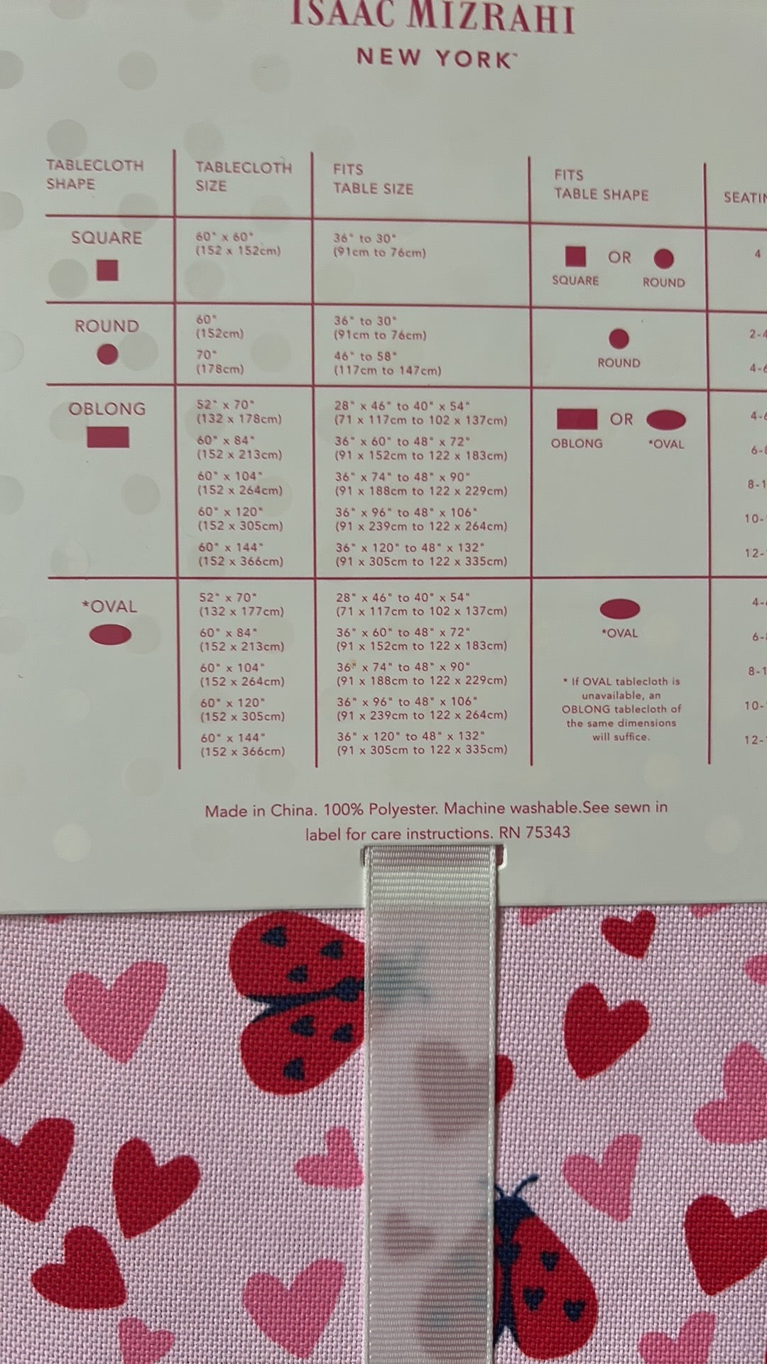 Isaac Mizrahi New Valentines Day Pink Red Hearts Tablecloth Ladybug