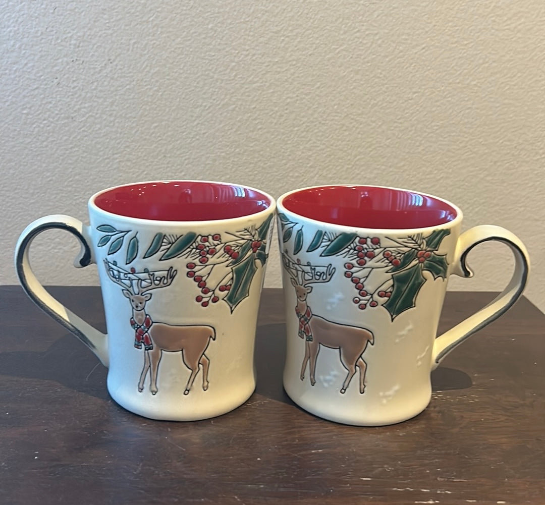 Eli & Ana Set of 2 Coffee Mugs Reindeer Christmas Holly Berry New