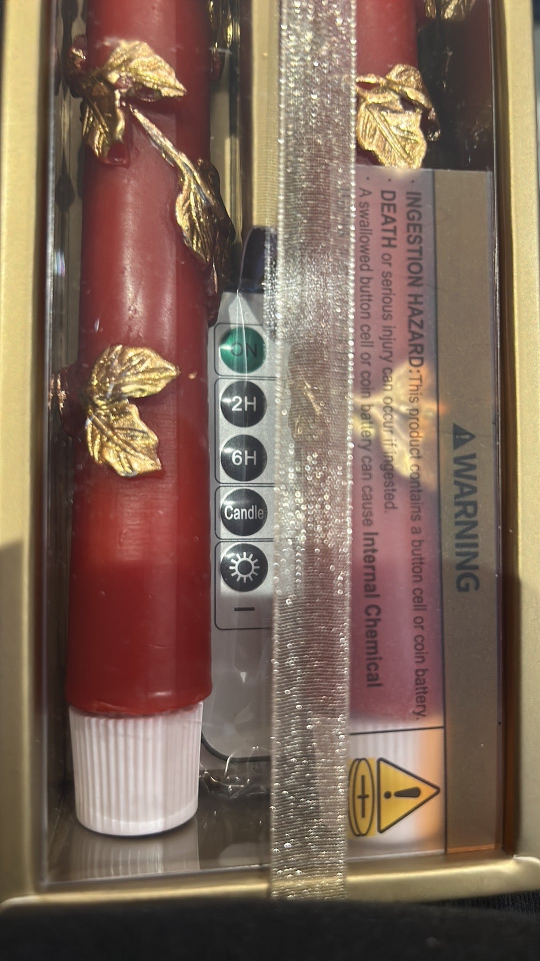 New Set Of 2 Flameless Taper Candles Red Gold Christmas 13.5”