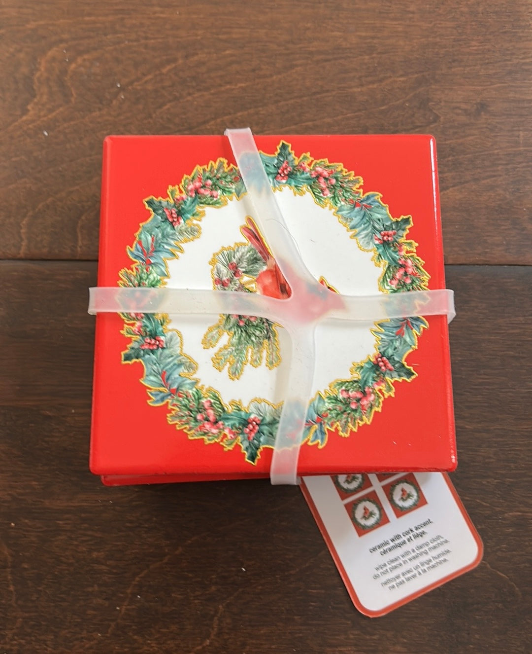Set Of 4 Ceramic Red Cardinal Christmas Wreath Coasters Ceramic New