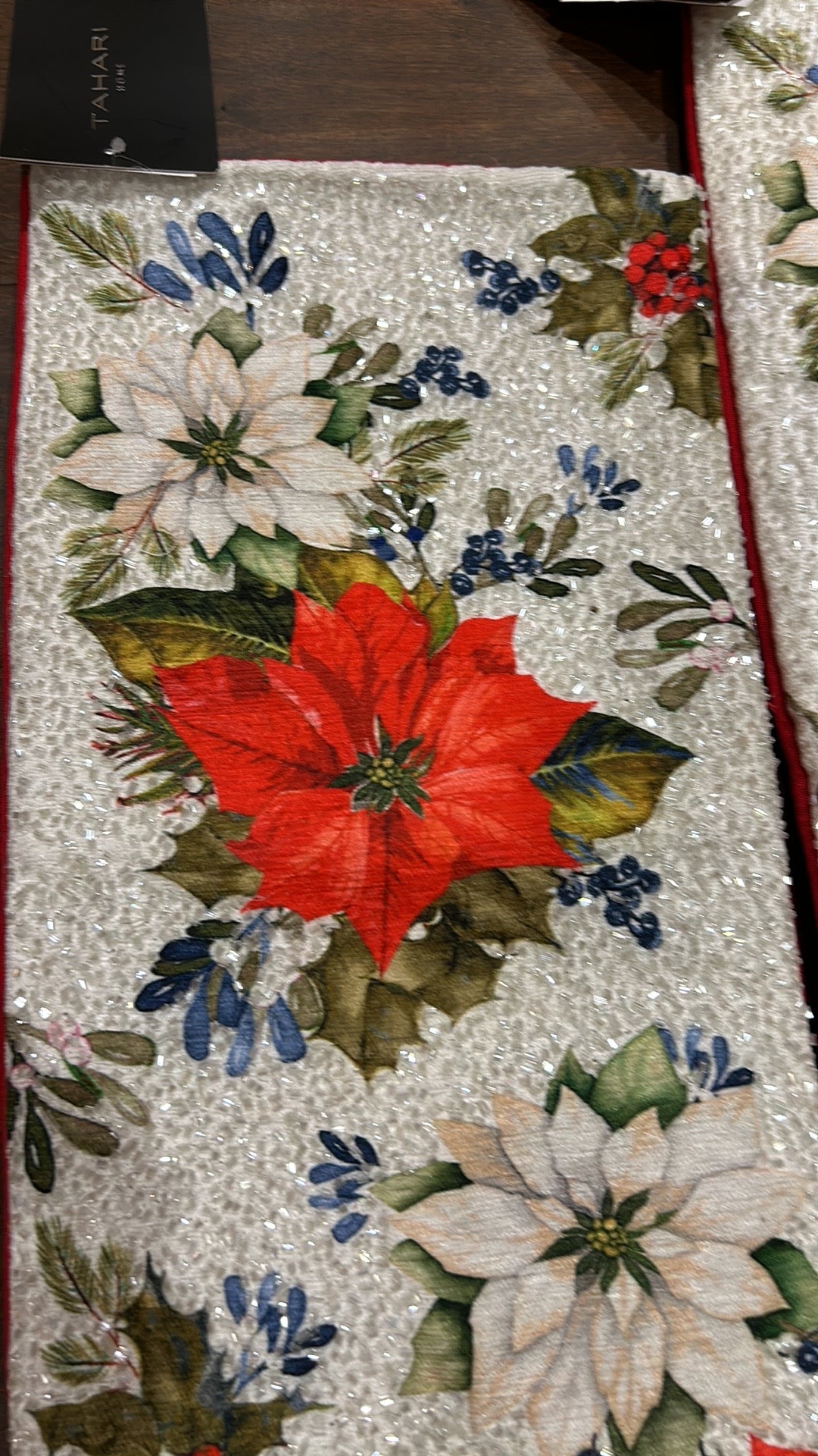 2 Tahari Embroidered Stocking Christmas New Beaded Poinsettia Holly Berry