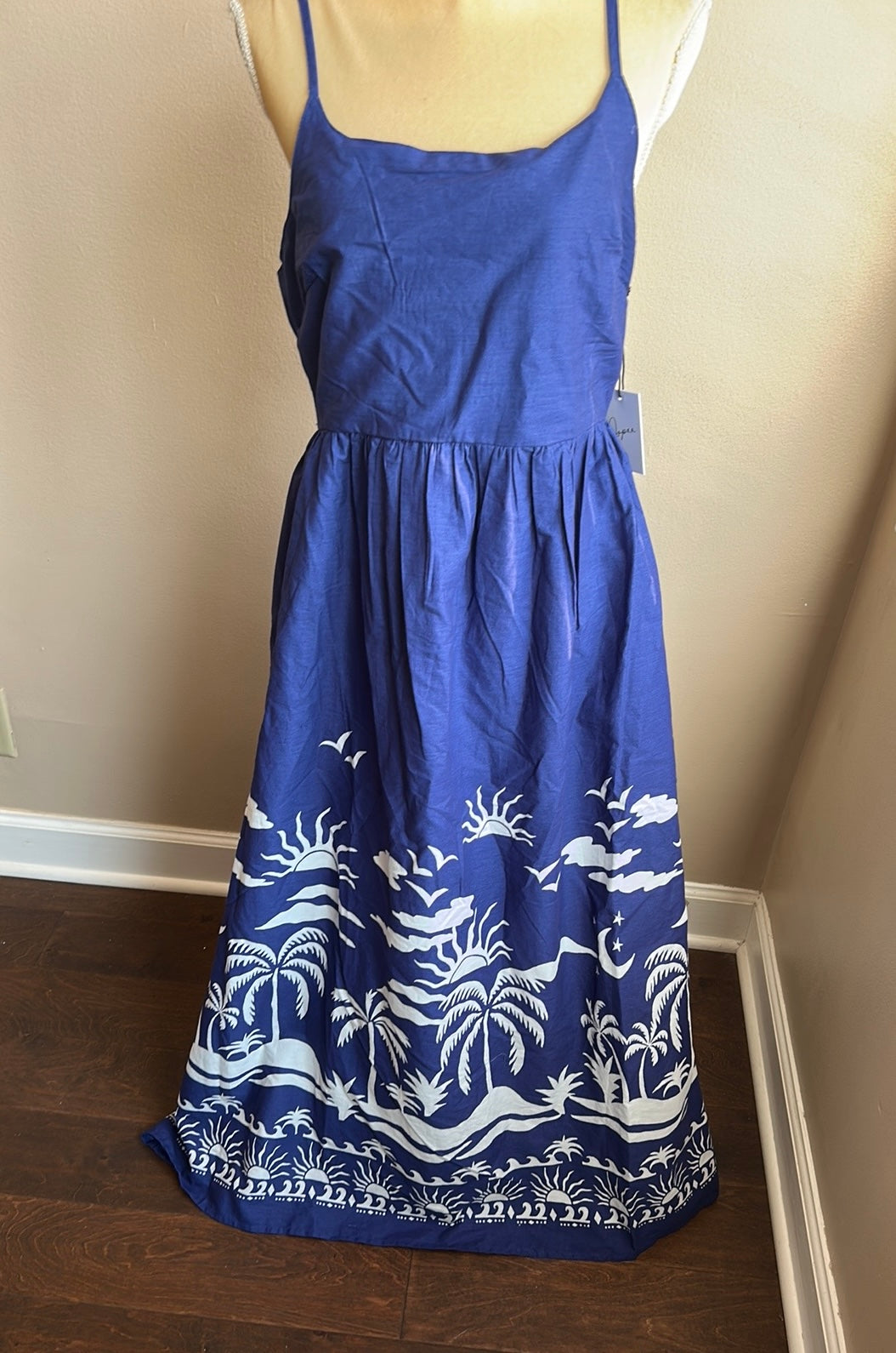 Japna Women’s Dress Maxi Cotton New Blue White Tropical Sz S Smocking Pockets