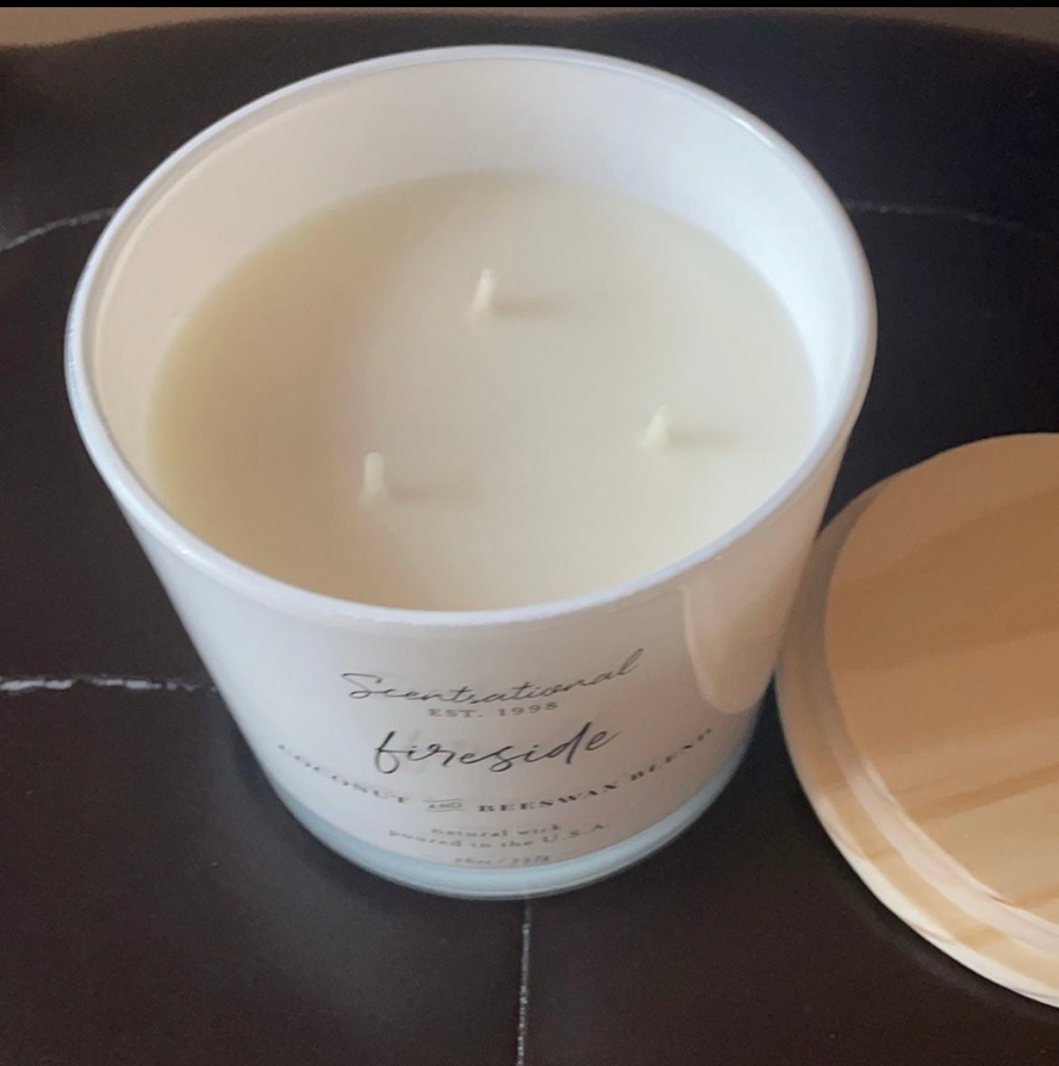 Scentsational Fireside Candle Large Glass Jar 26oz 3 Wicks Coconut Beeswax Blend