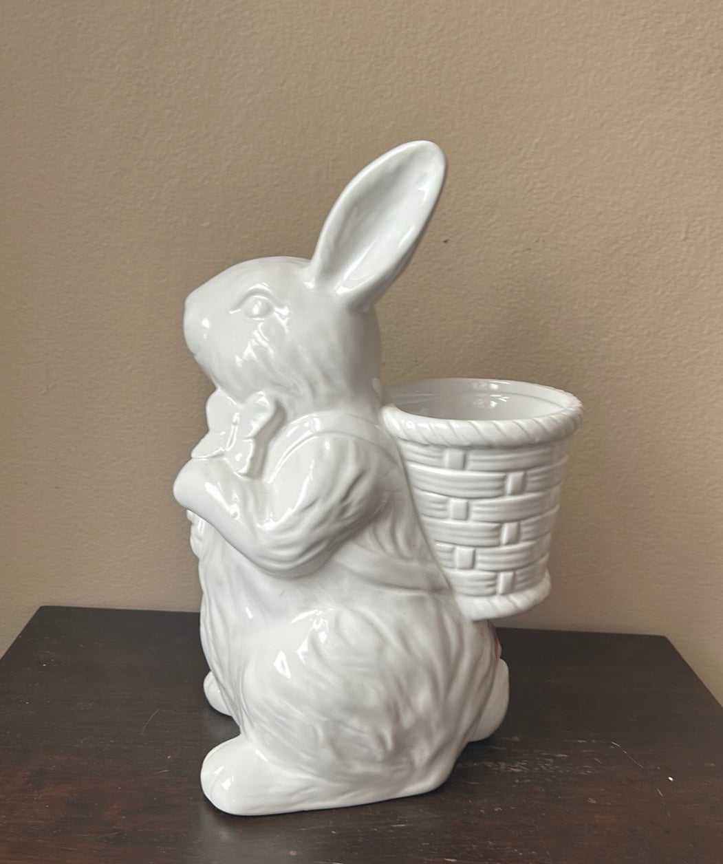 Hip Hop Bunny Rabbit With Basket Vase easter Decor Figurine 11.5” Tall Ceramic