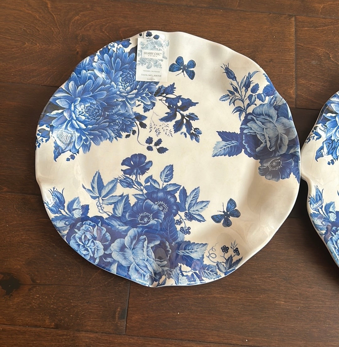 Shabby Chic 4 Dinner Blue White Plates New Floral Scalloped Melamine