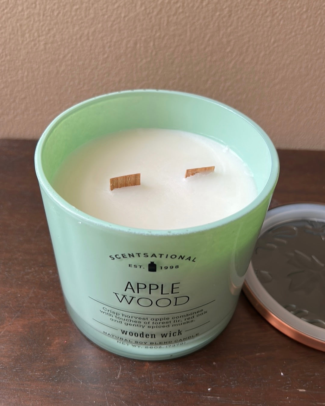 Scentsational Apple Wood Candle Glass Jar 26oz Wood Wick Soy Wax Blend