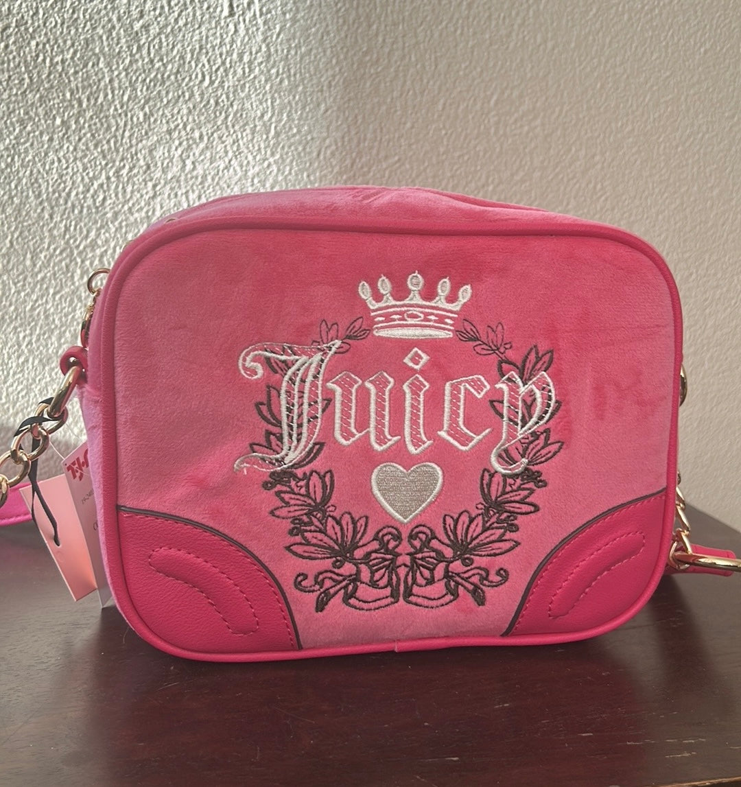Juicy Couture Pink Flash Heritage Crossbody Bag Pink Velour NWT Crown Heart