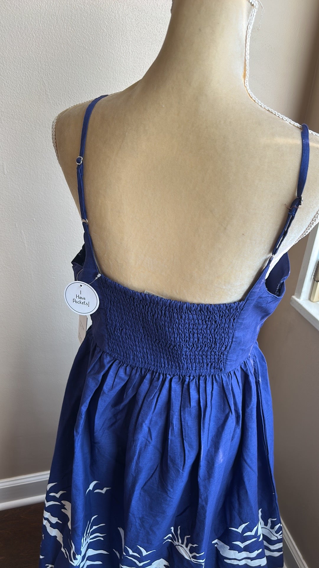 Japna Women’s Dress Maxi Cotton New Blue White Tropical Sz S Smocking Pockets