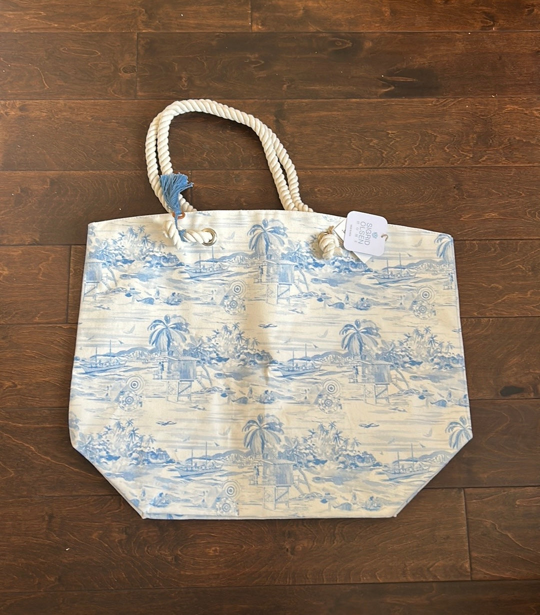 Sigrid Olsen Beach bag NWT Canvas New Blue White Palm Trees Beach Scene Boats
