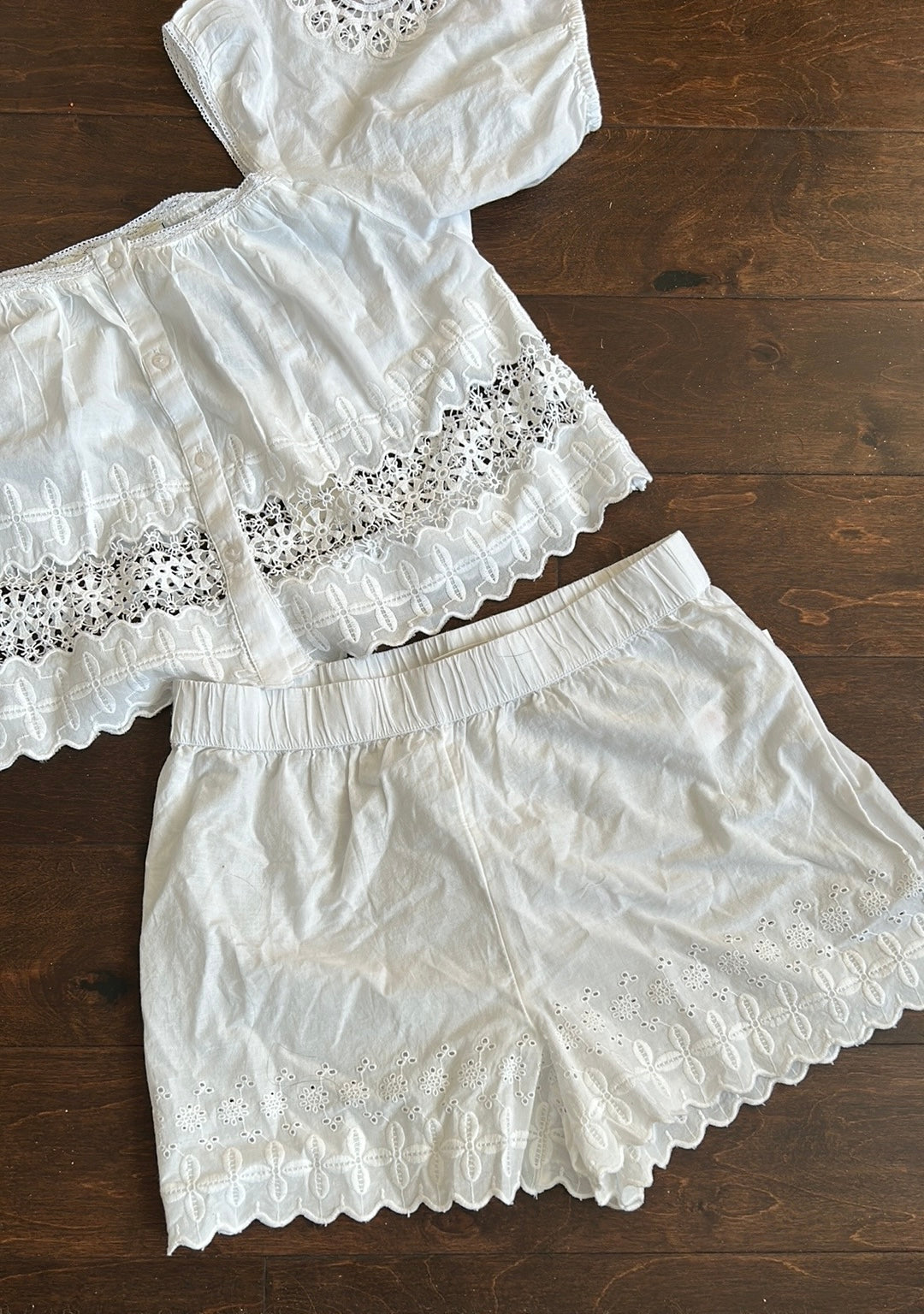 Calypso Womens White Pajama Set Shorts Top New Lace Detail Cotton