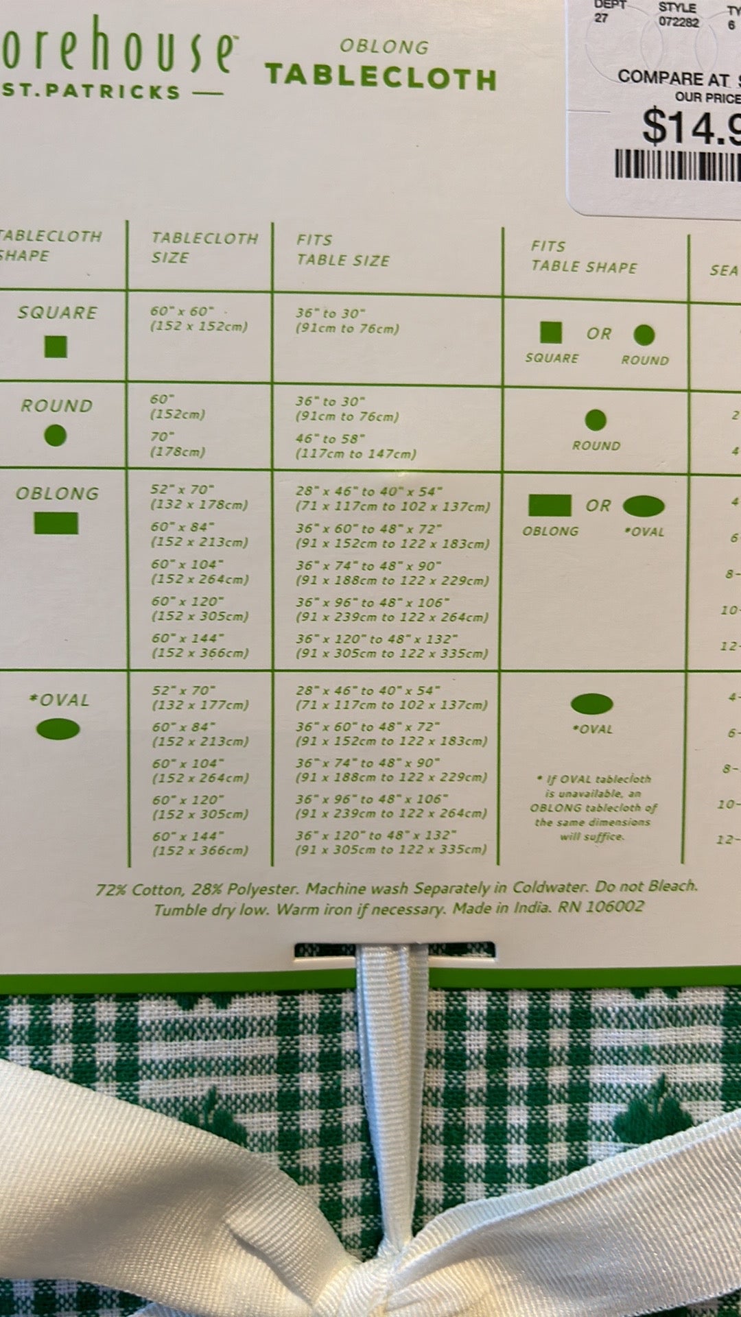 Storehouse St Patrick’s Day Green White Plaid Tablecloth new Clover