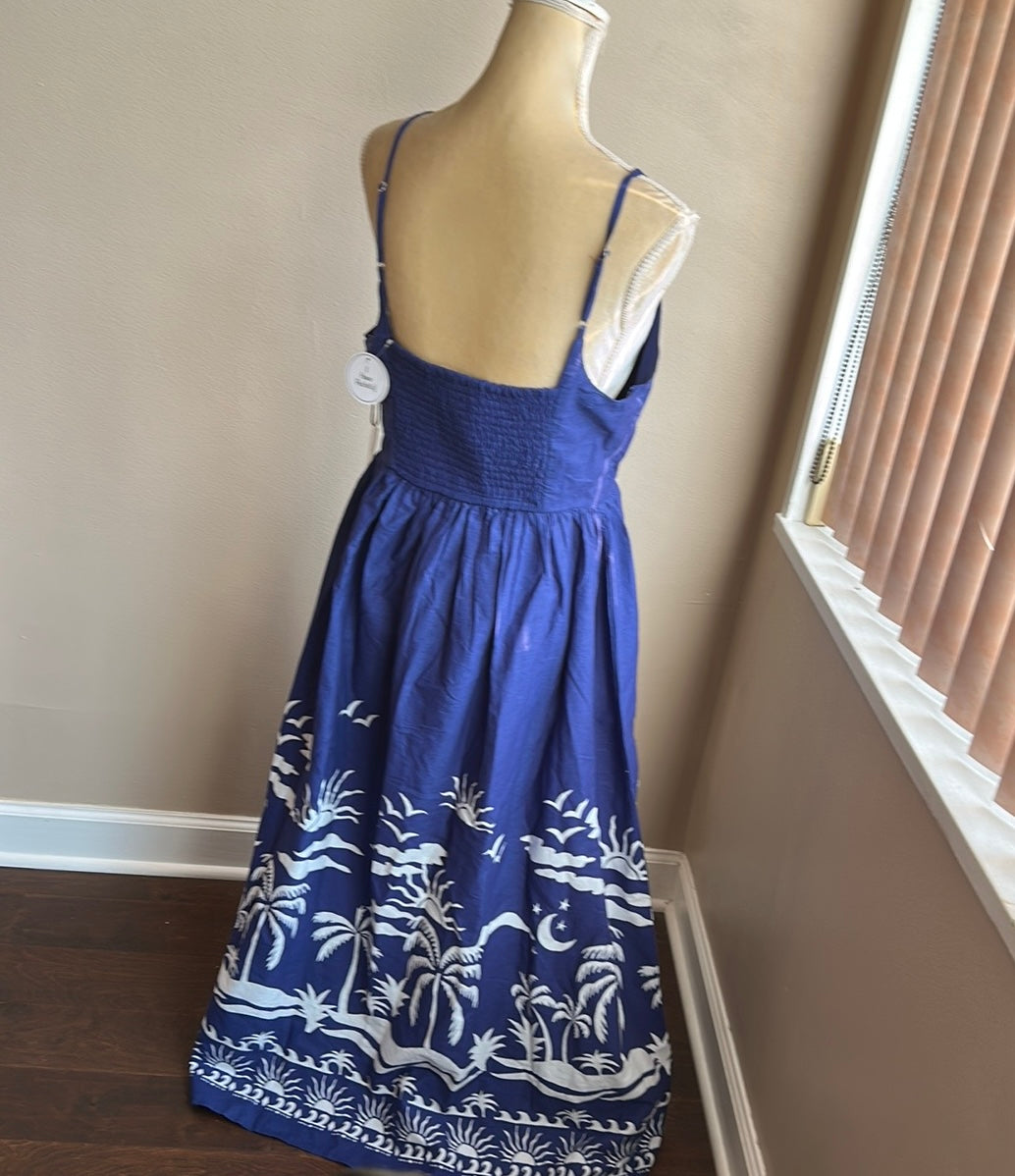 Japna Women’s Dress Maxi Cotton New Blue White Tropical Sz S Smocking Pockets