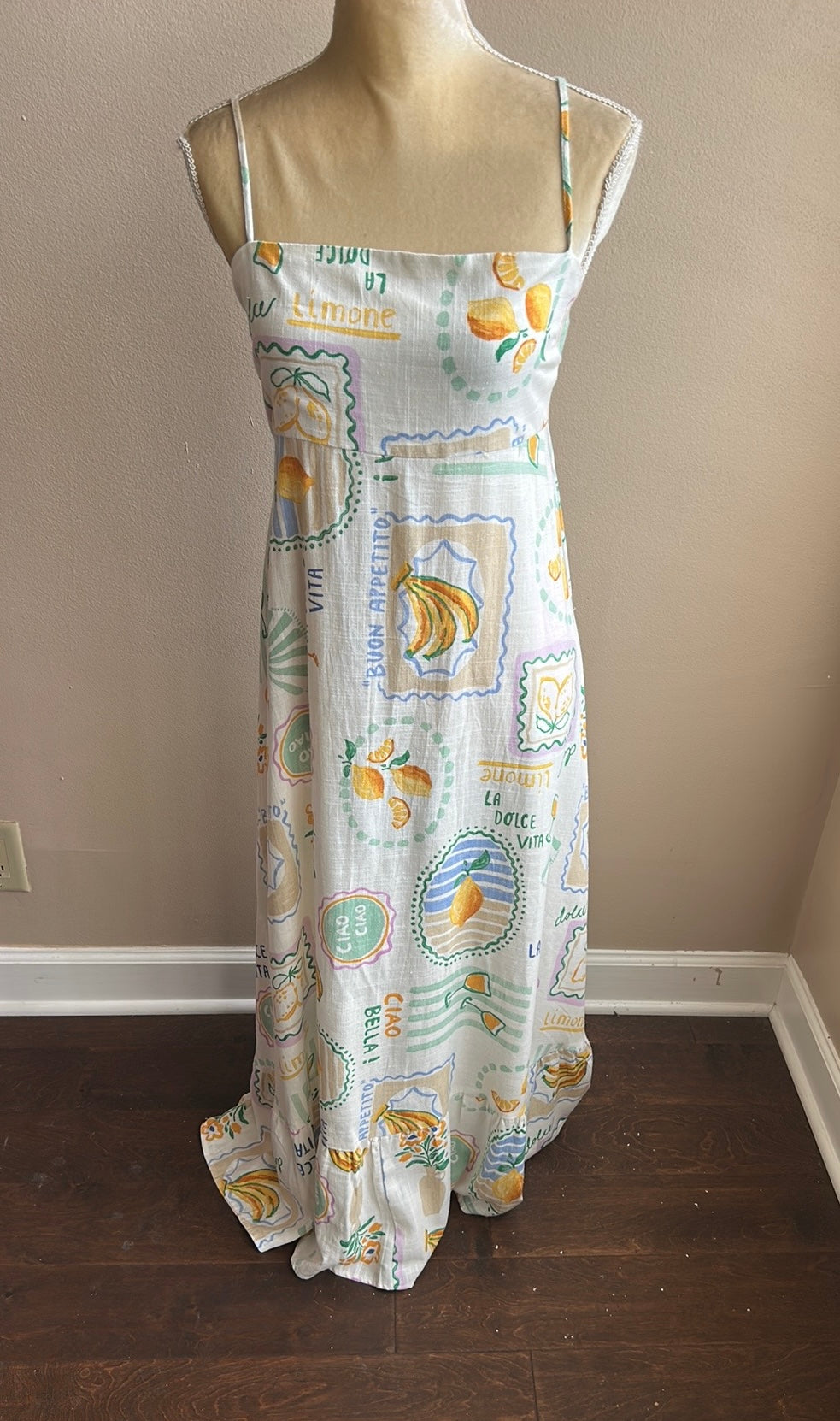 Label Of Love Womens Italian Theme Dress Linen Blend Sz M Fruits Dolce Vita New