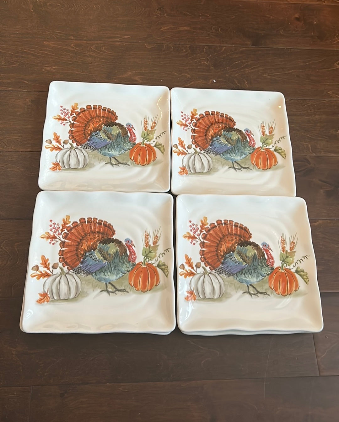Maxcera Turkey Fall Thanksgiving Set Of 4 Salad Plates Ceramic Square