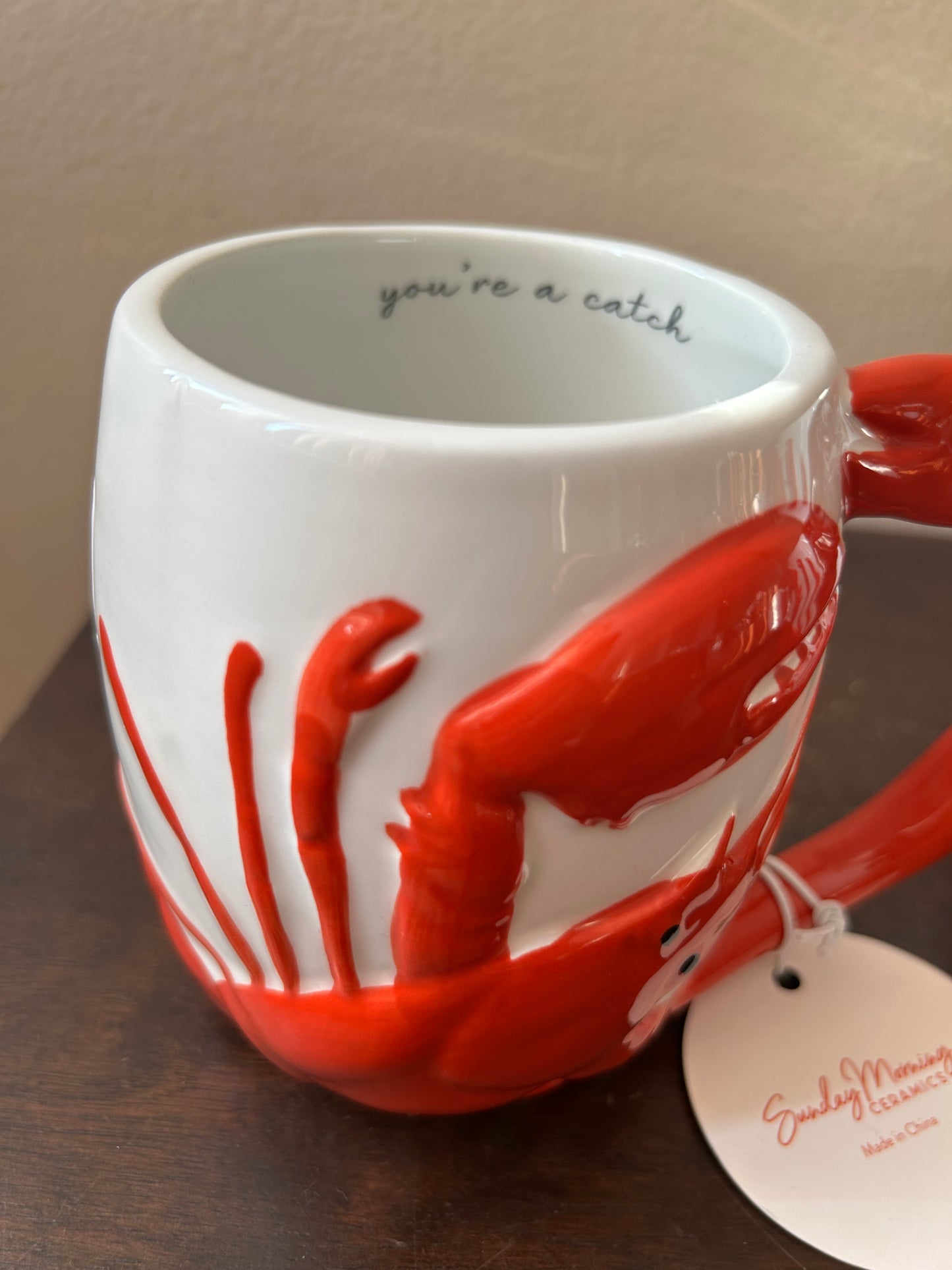New Sunday Mornings 2 Coffee Mugs Red Lobster”you’re A Catch” Hand Painted