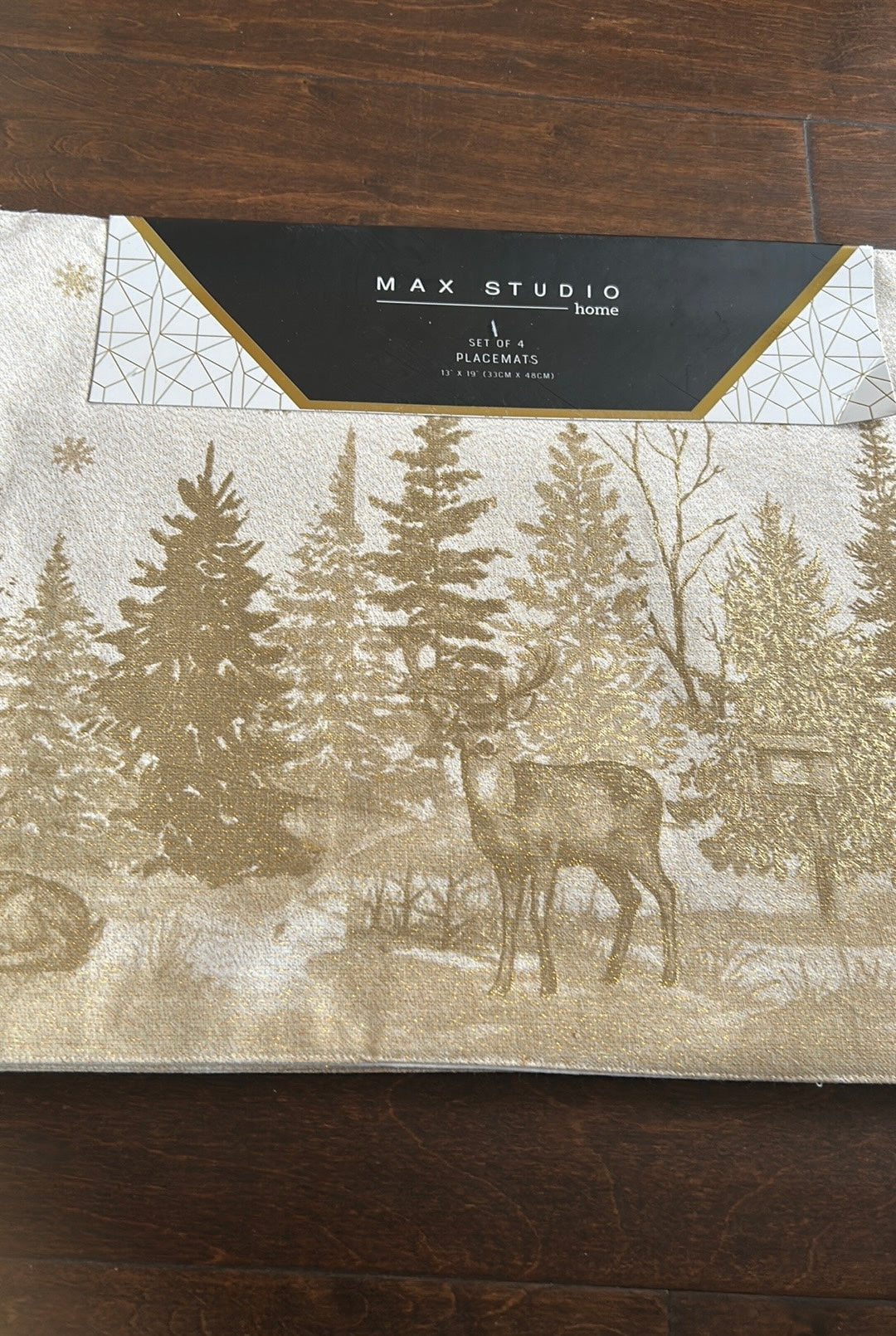 4 Max Studio Home Christmas Reindeer Evergreen Trees Placemats Beige Gold New