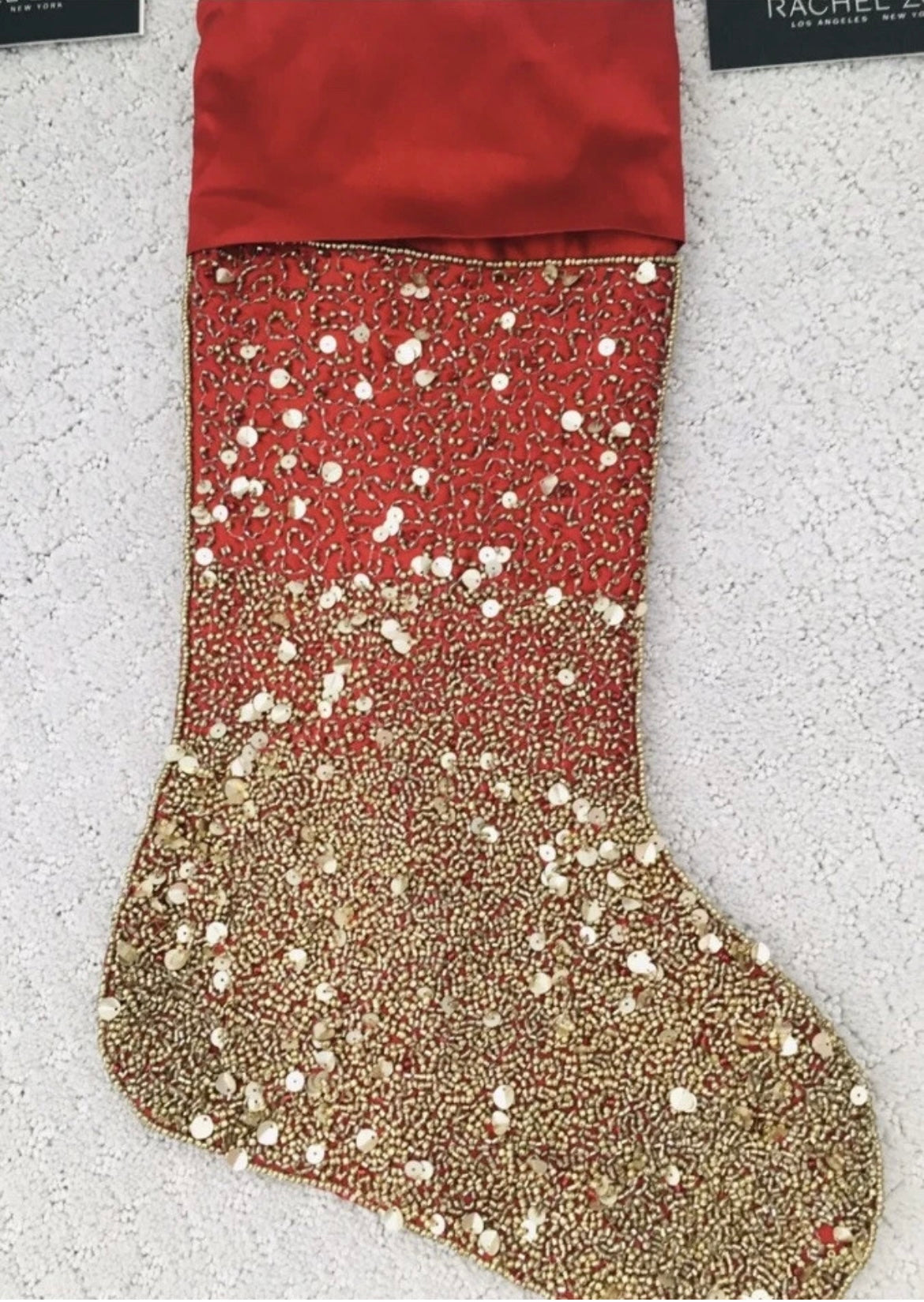 2 Rachel Zoe RED with GOLD Beads and Sequins LUXURY Christmas Stocking