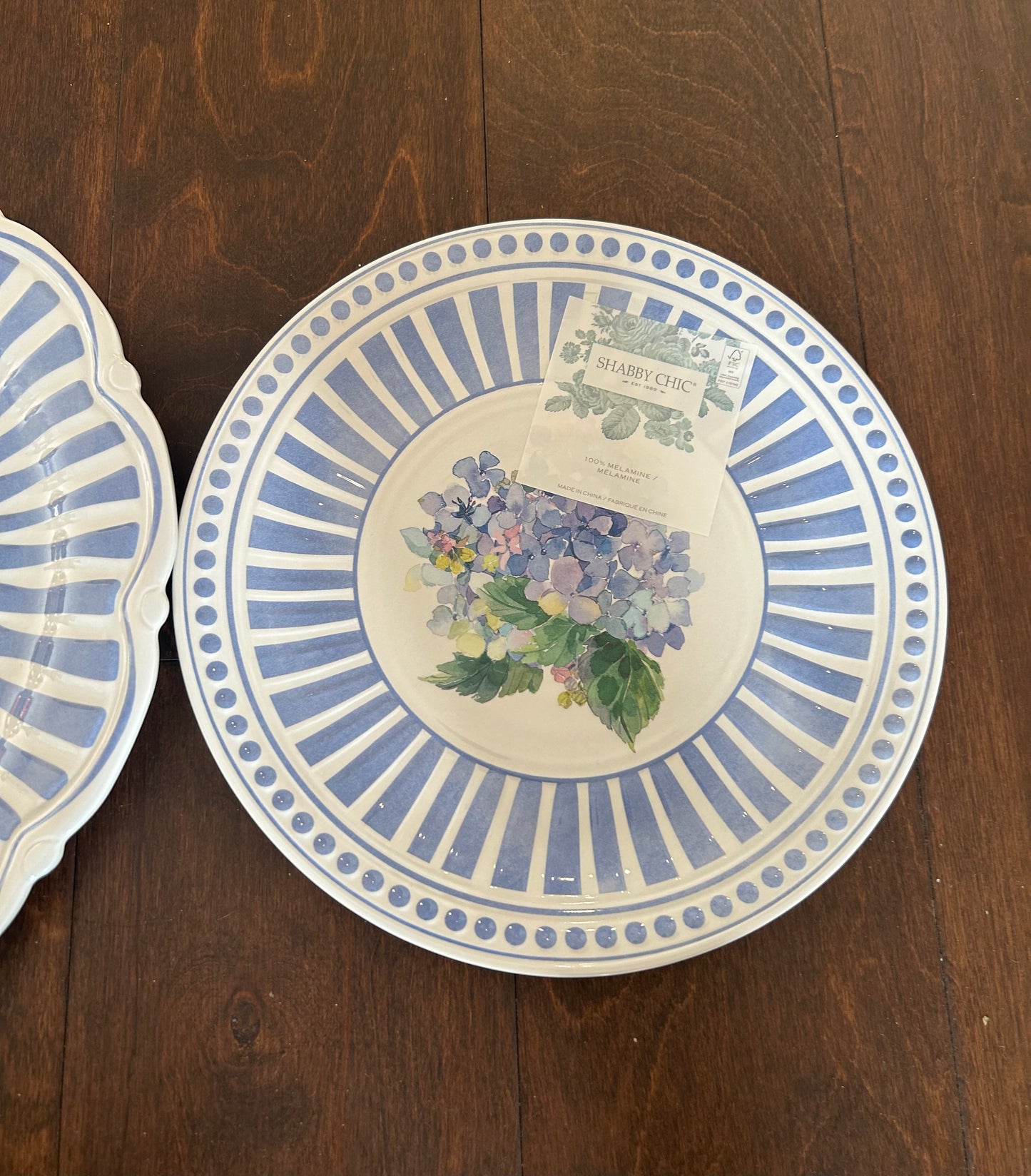 Shabby Chic 8 Pc Melamine Dinnerware Set Hydrangeas Striped Floral New