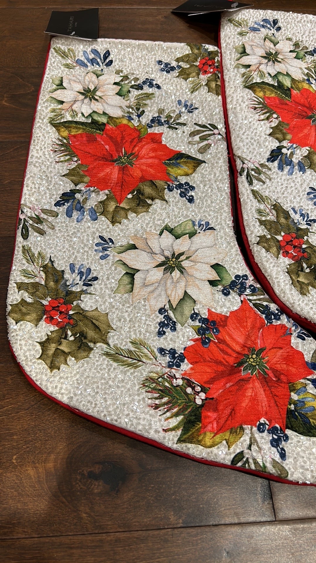 2 Tahari Embroidered Stocking Christmas New Beaded Poinsettia Holly Berry