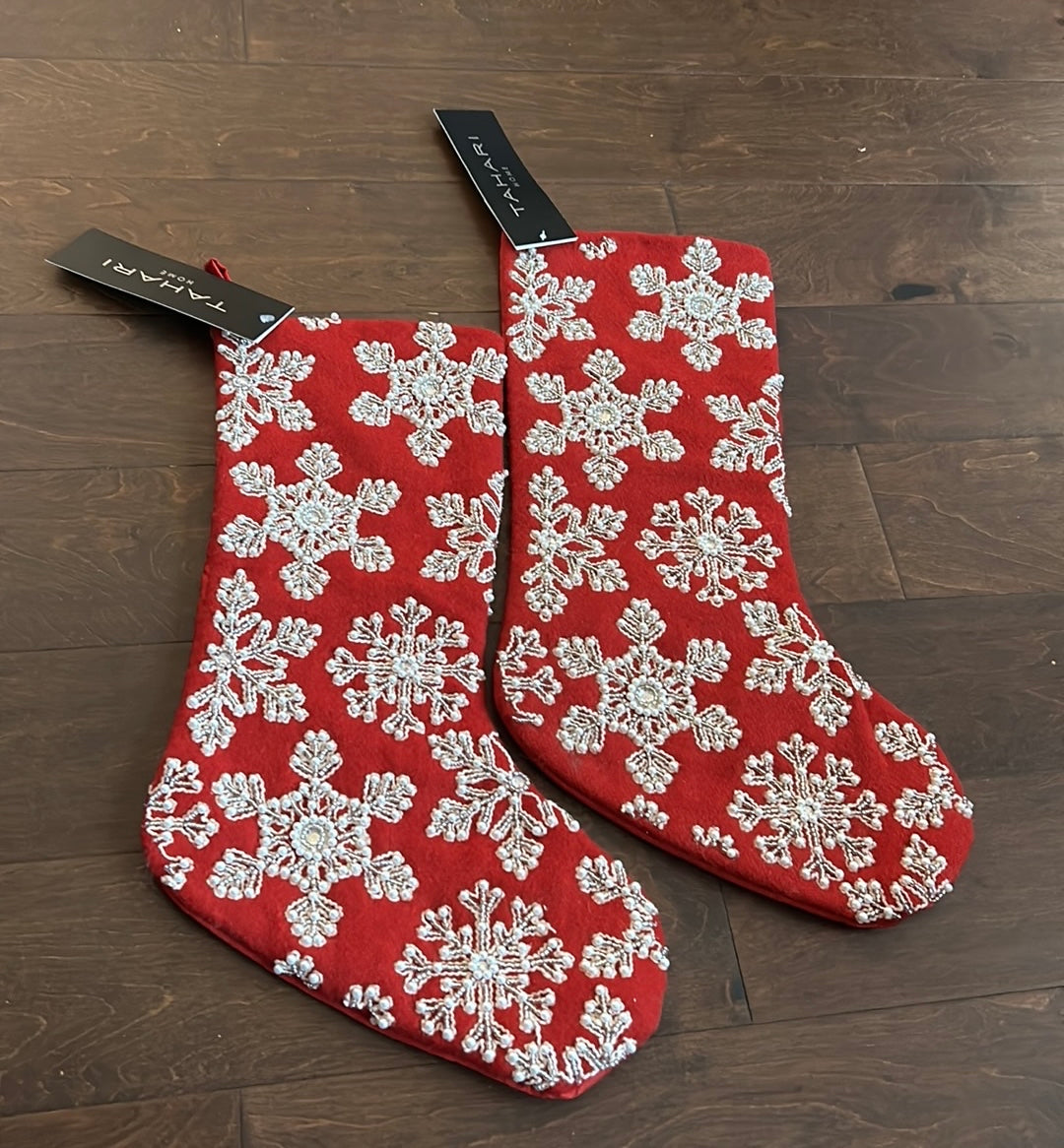 Tahari Embroidered Stocking Christmas New Beaded Burgundy Red White Snowflake