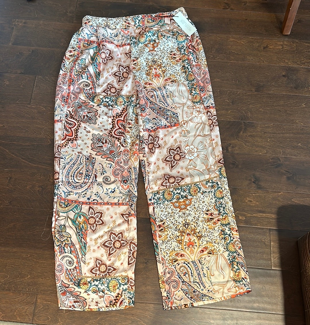 Rachel Zoe Bohemian Print Pants Wide Leg Boho Satin Paisely Floral