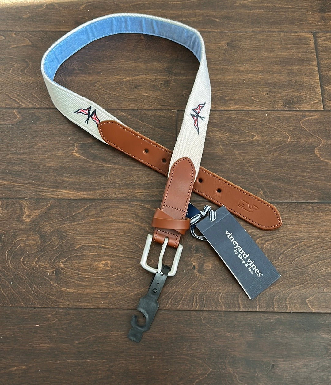 NWT Vineyard Vines Mens Nautical Flags Leather Chambray Reversible Belt Sz 30