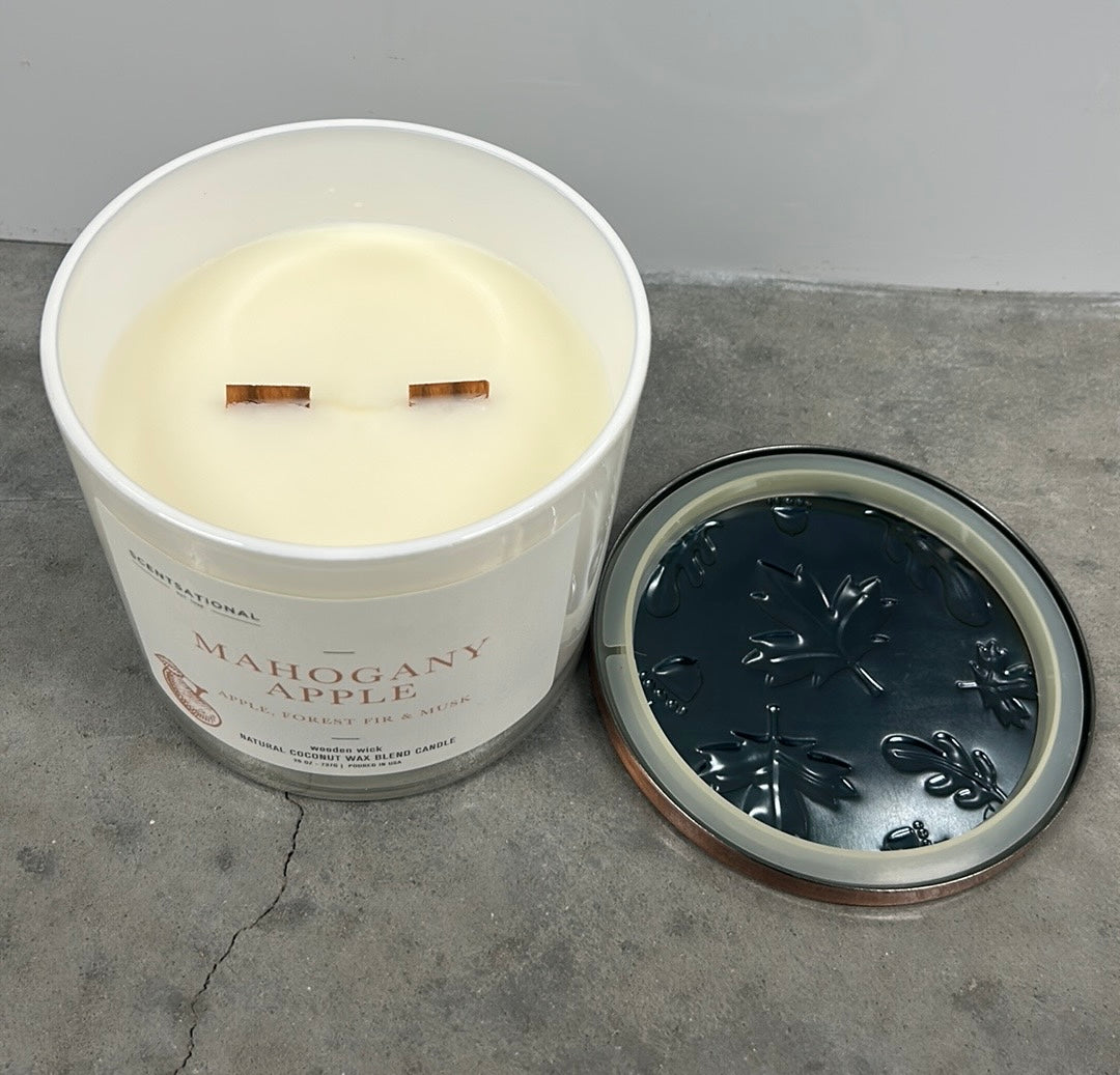 Scentsational Mahogany Apple Candle Glass Jar 26oz Wood Wick Coconut Wax New