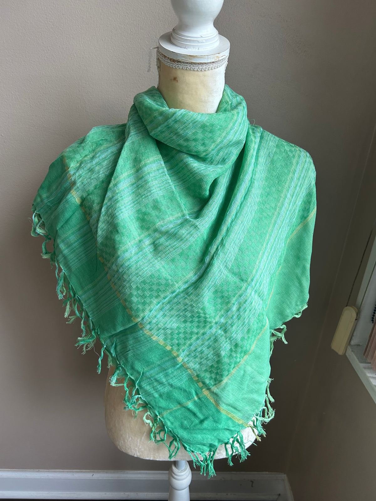 New Womens Scarf Multicolor Green Plaid Fringed Cotton 5002-3102