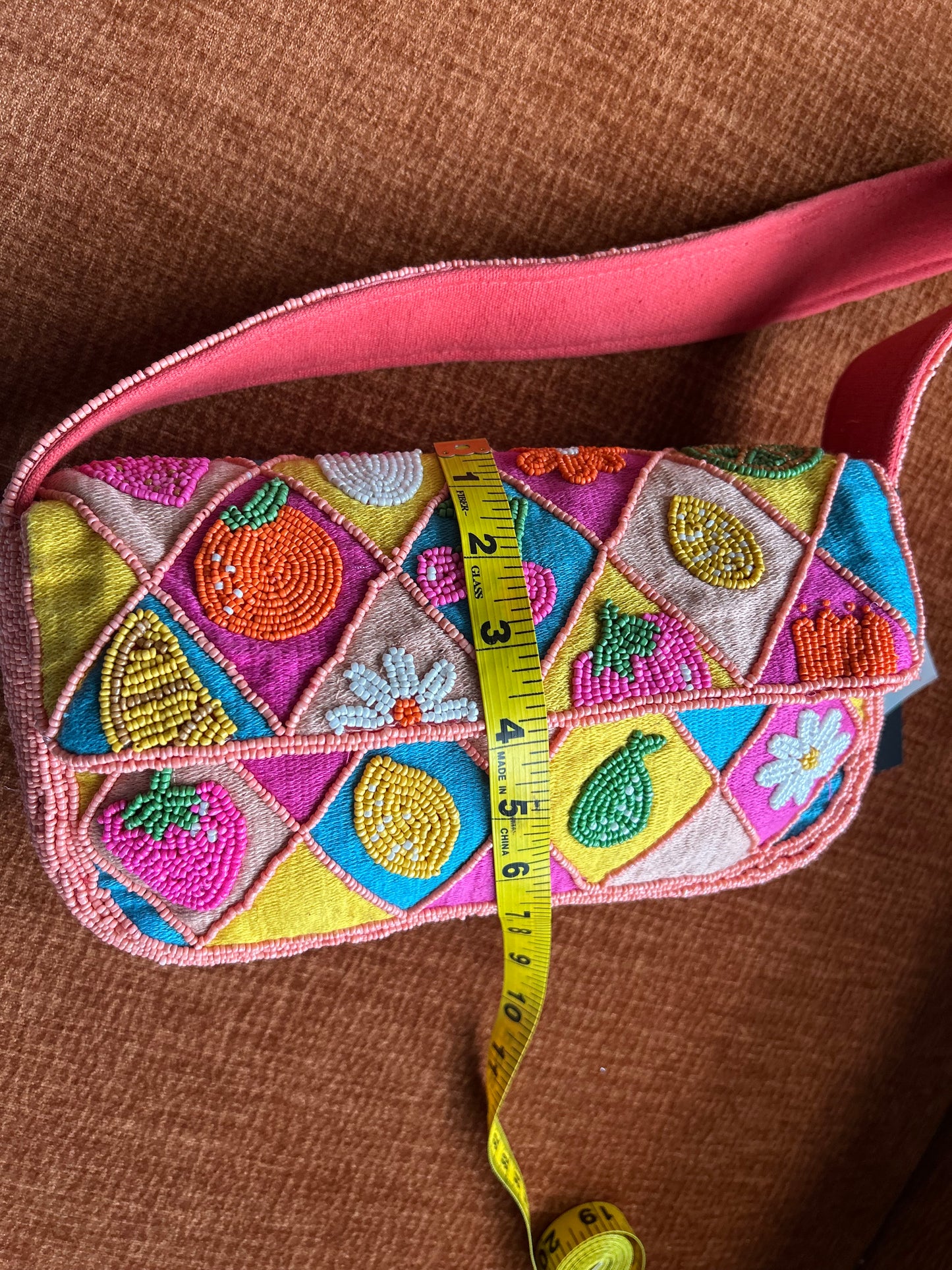 America & Beyond Beaded Pink Colorful Fruit Floral Shoulder Bag New
