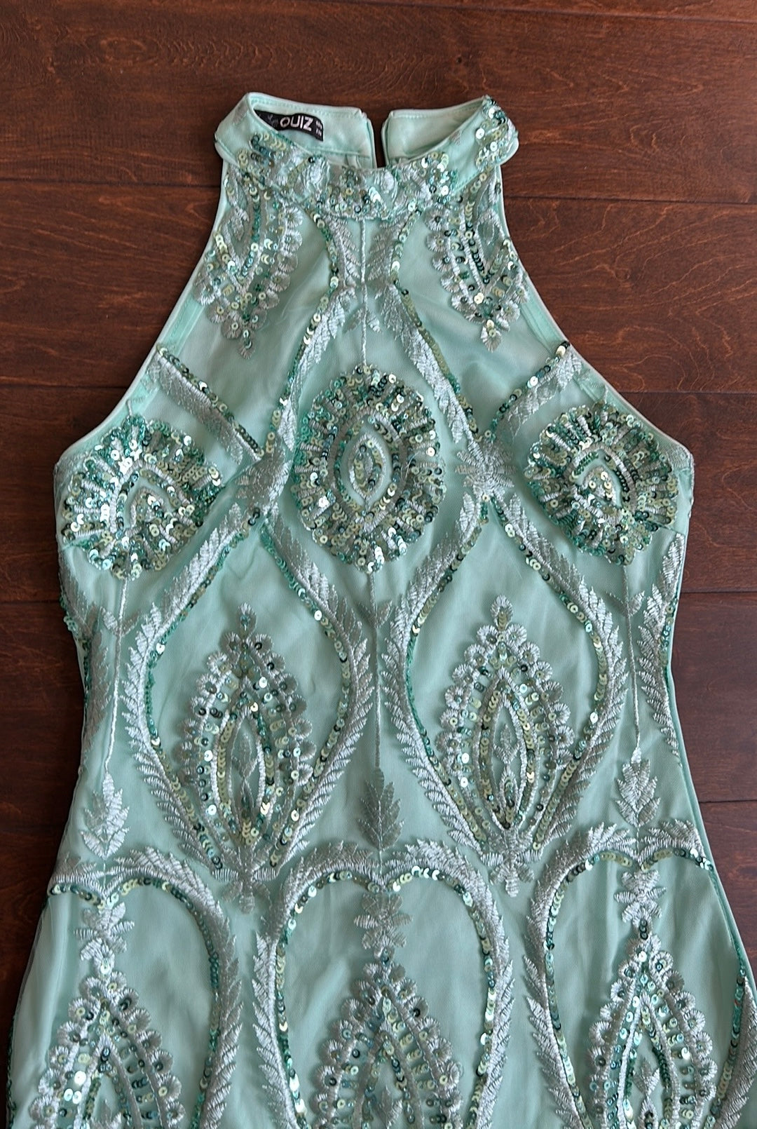Quiz Women’s Embroidered Dress Sz M (UK38) Green Sequins Formal ST2825
