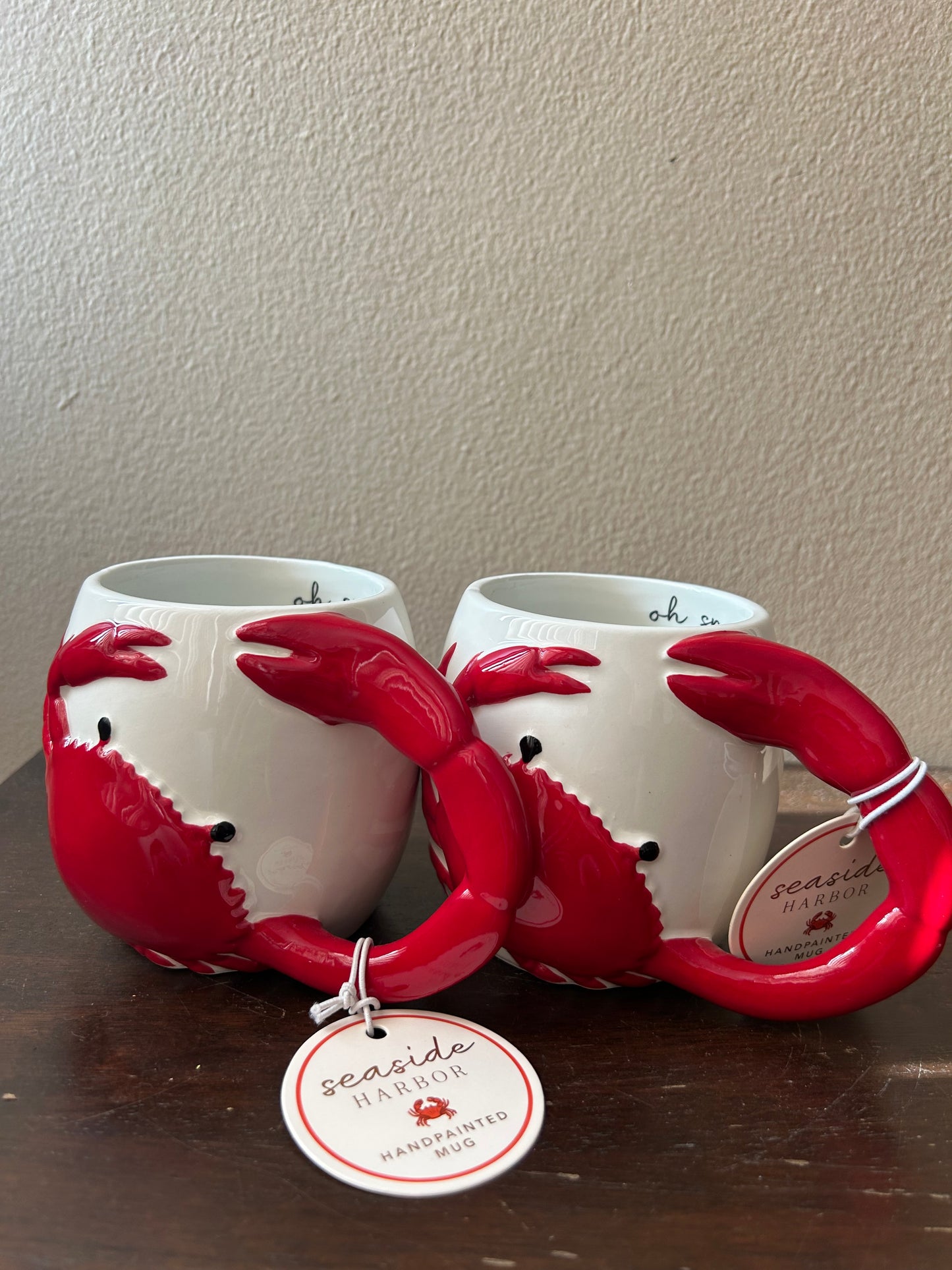 New Sunday Mornings 4 Coffee Mugs Red Crab ”oh Snap” Hand Painted