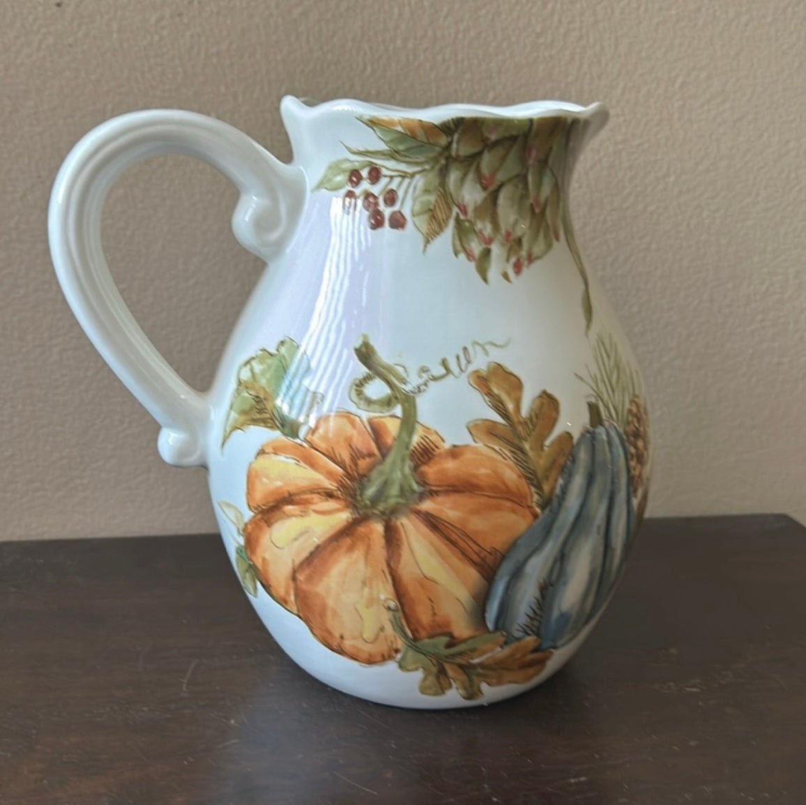 New Ceramic Pitcher Pumpkins Fall Leaves Berries Thanksgiving Ceramic 8.5” Tall