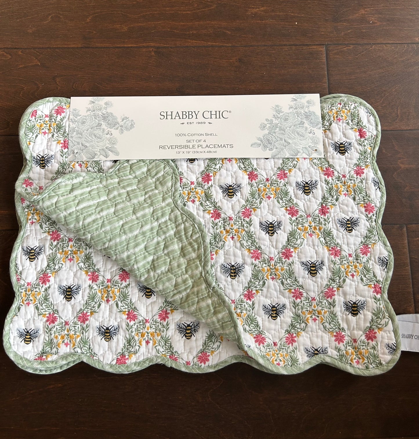 Shabby Chic Set Of 4 Scalloped Quilted Bumblebee Placemats New Floral Striped