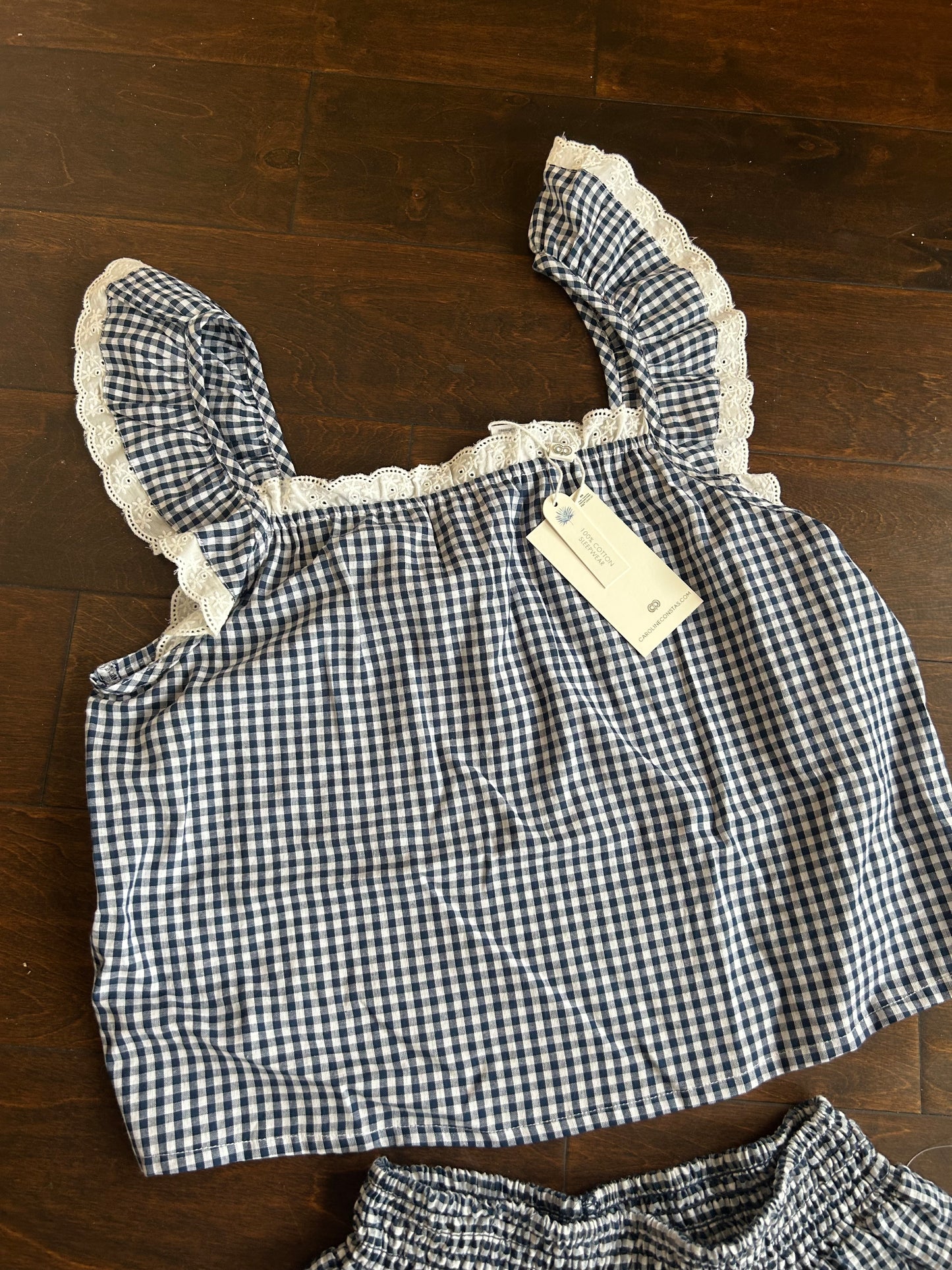 New Caroline Constas Womens Blue White Pajama Set Plaid Cotton Sz S