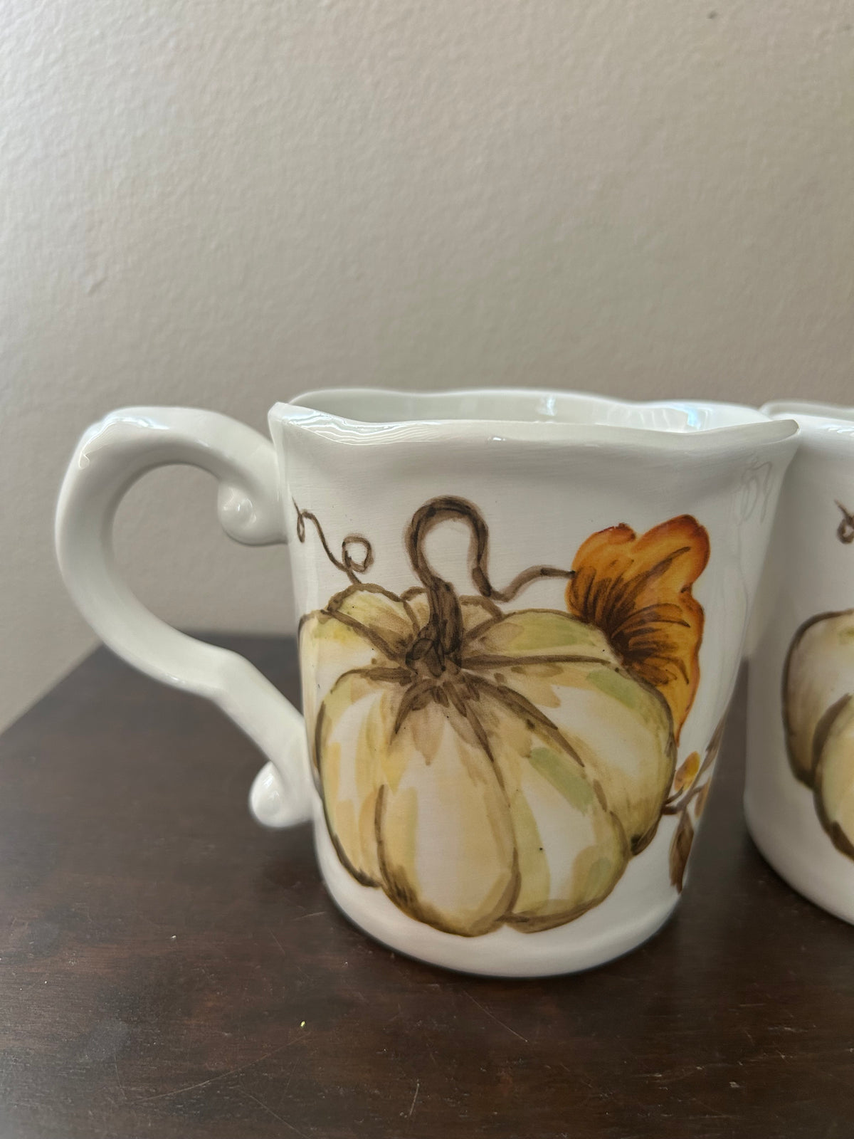 Set Of 2 Pumpkin Fall Coffee Mugs Cups New Thanksgiving Leaves Ceramic