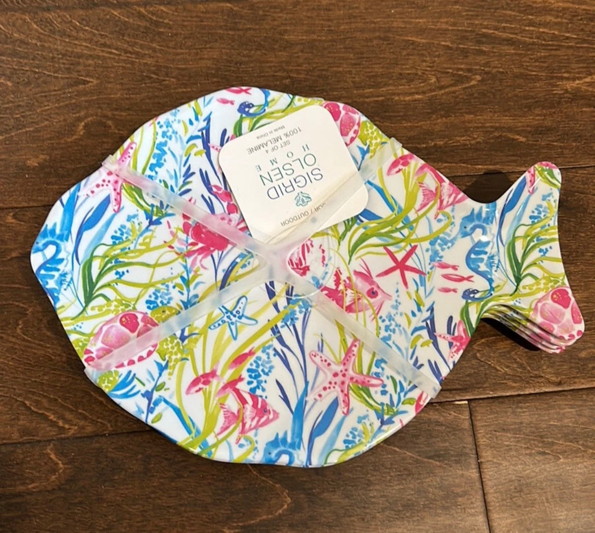 Sigrid Olsen Fish Shape salad plates Set Of 4 Ocean Coral Reef Melamine Nautical