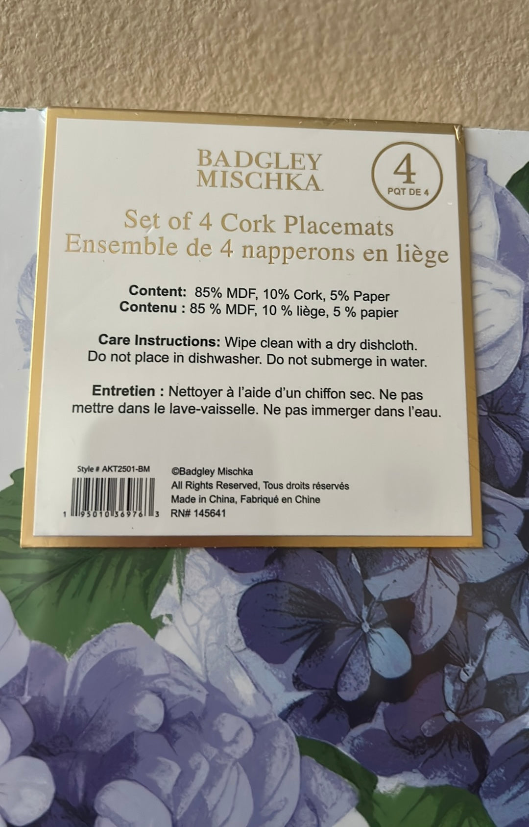 Badgley Mischka Set Of 4 Cork Placemats Hydrangeas Butterflies New Tropical