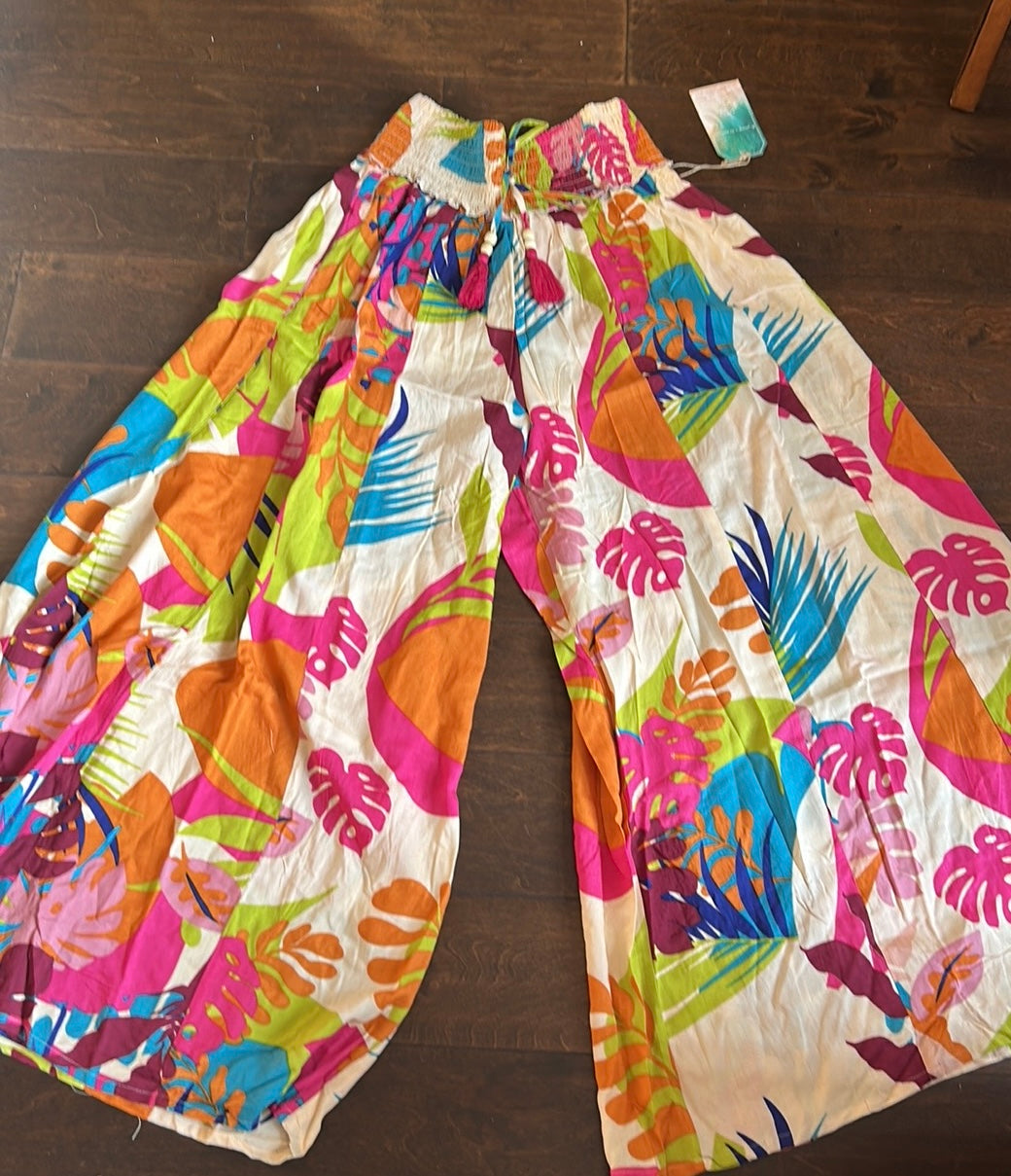 True Destinations Flare Pants Beach Coverup New Tropical Palm Fronds New