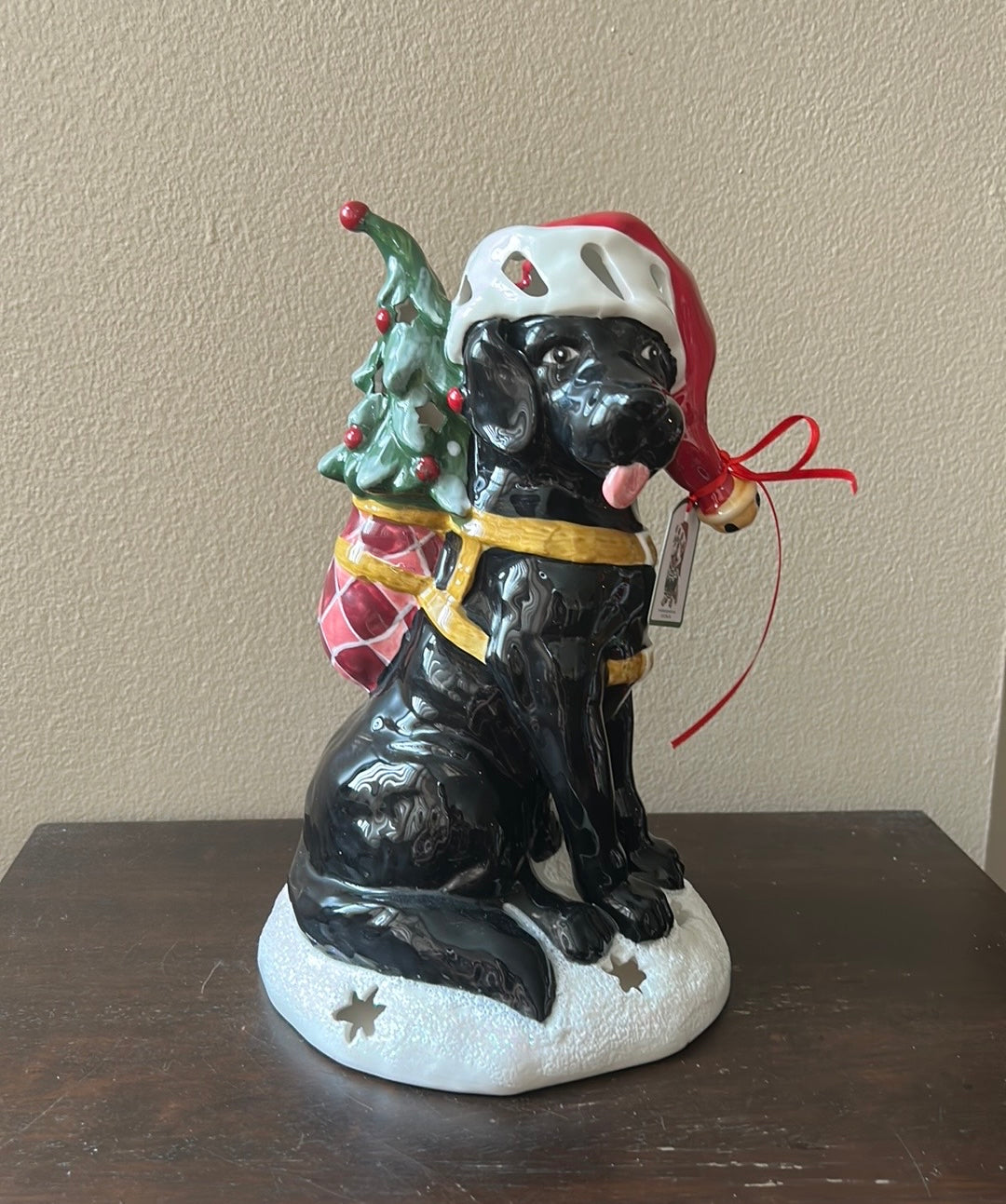 Blue Sky Clayworks Christmas Black Lab Dog Tea Light Candle Holder 10.5”