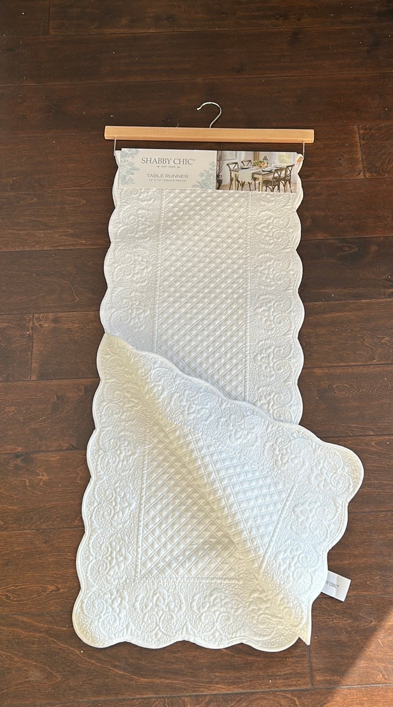 Shabby Chic Table Runner New White Quilted Spring Summer 14”x72”