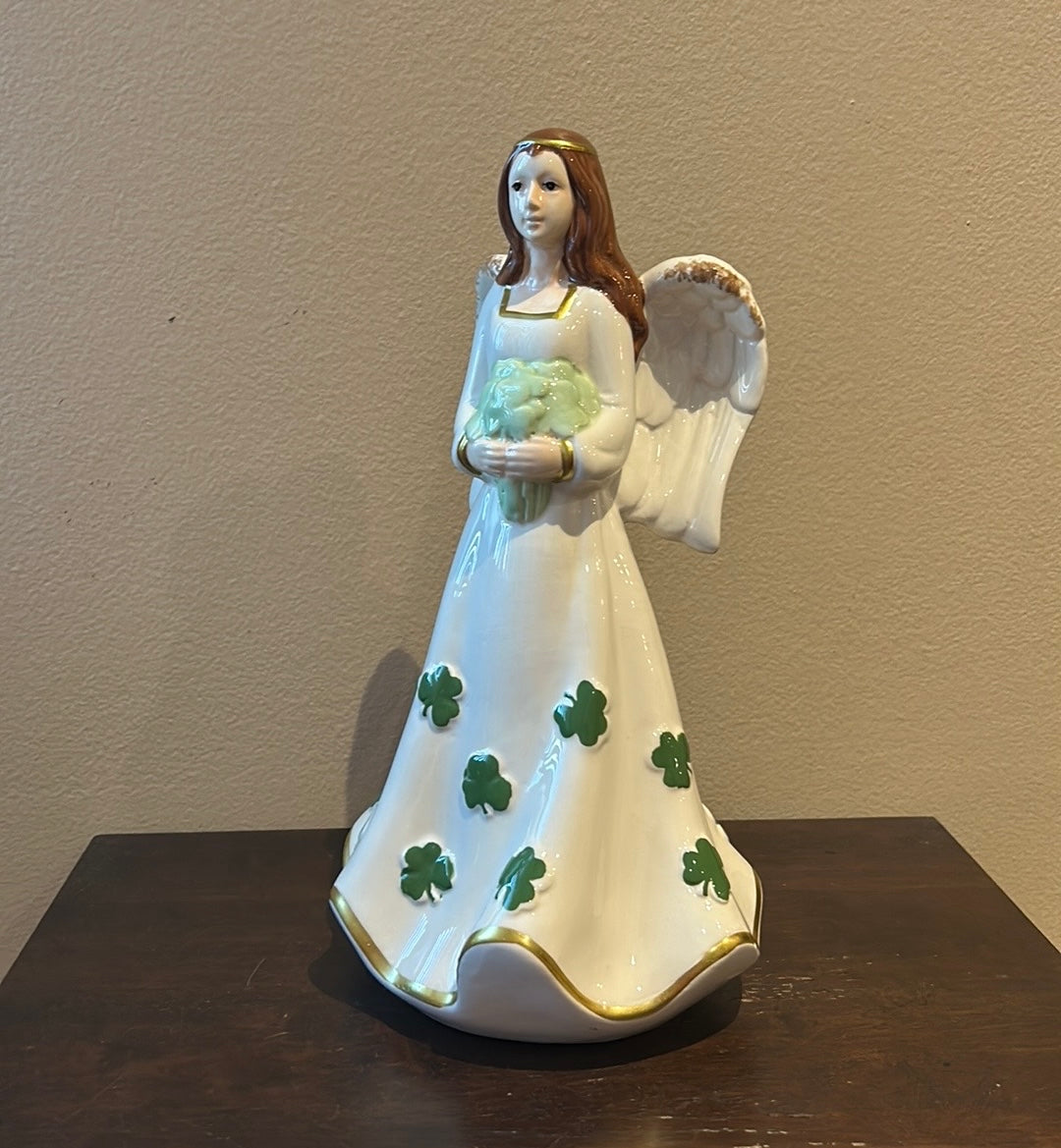 Cute St Patrick’s Day Angel Holding Clover Leaf Figurine Bouquet New