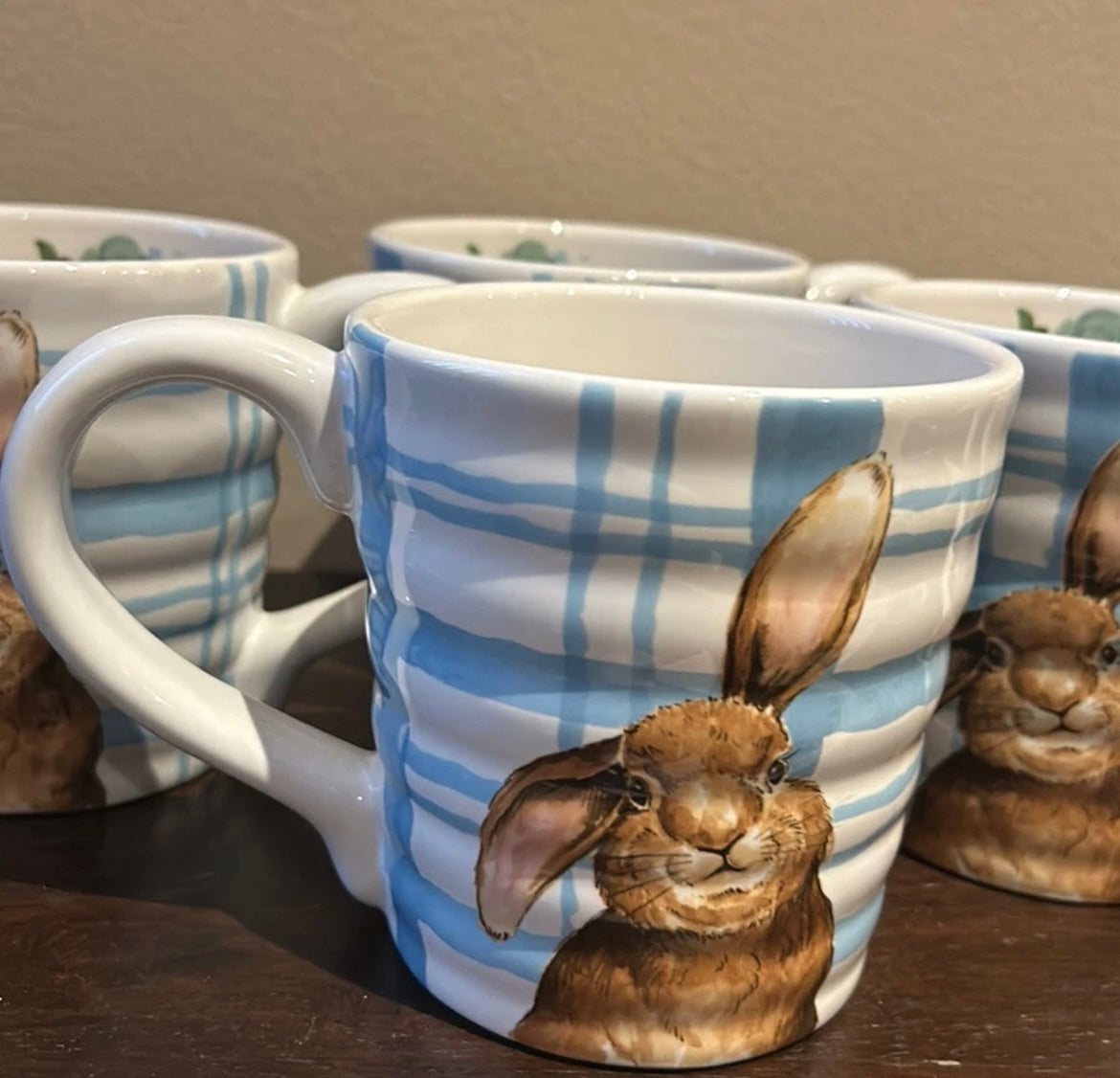 New Coffee Mugs Set Of 4 Cups Easter Bunny Blue White Plaid Pattern