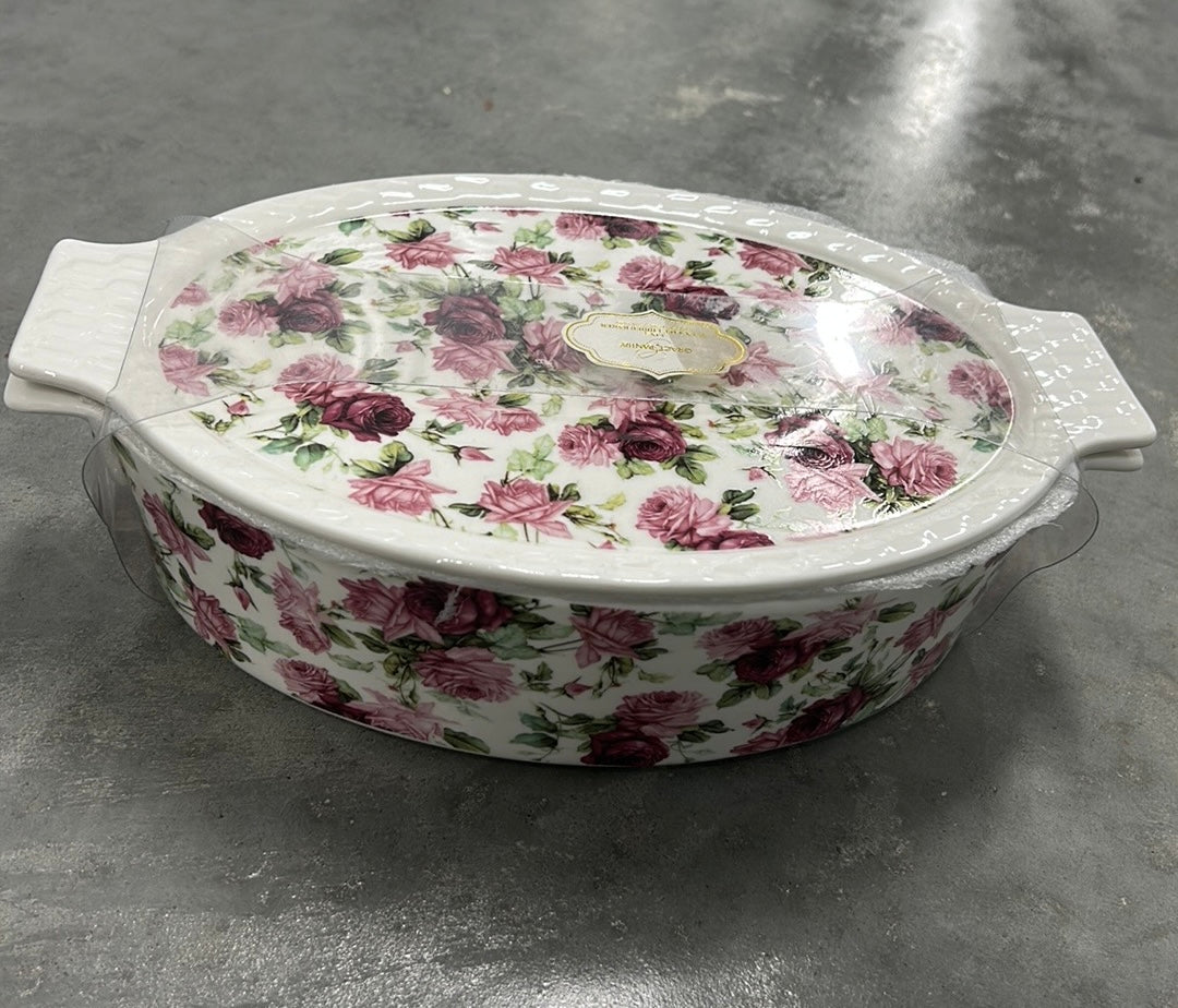 Grace's Pantry 3 in 1 Floral Oval Baker Casserole Dish w/ Lid NEW