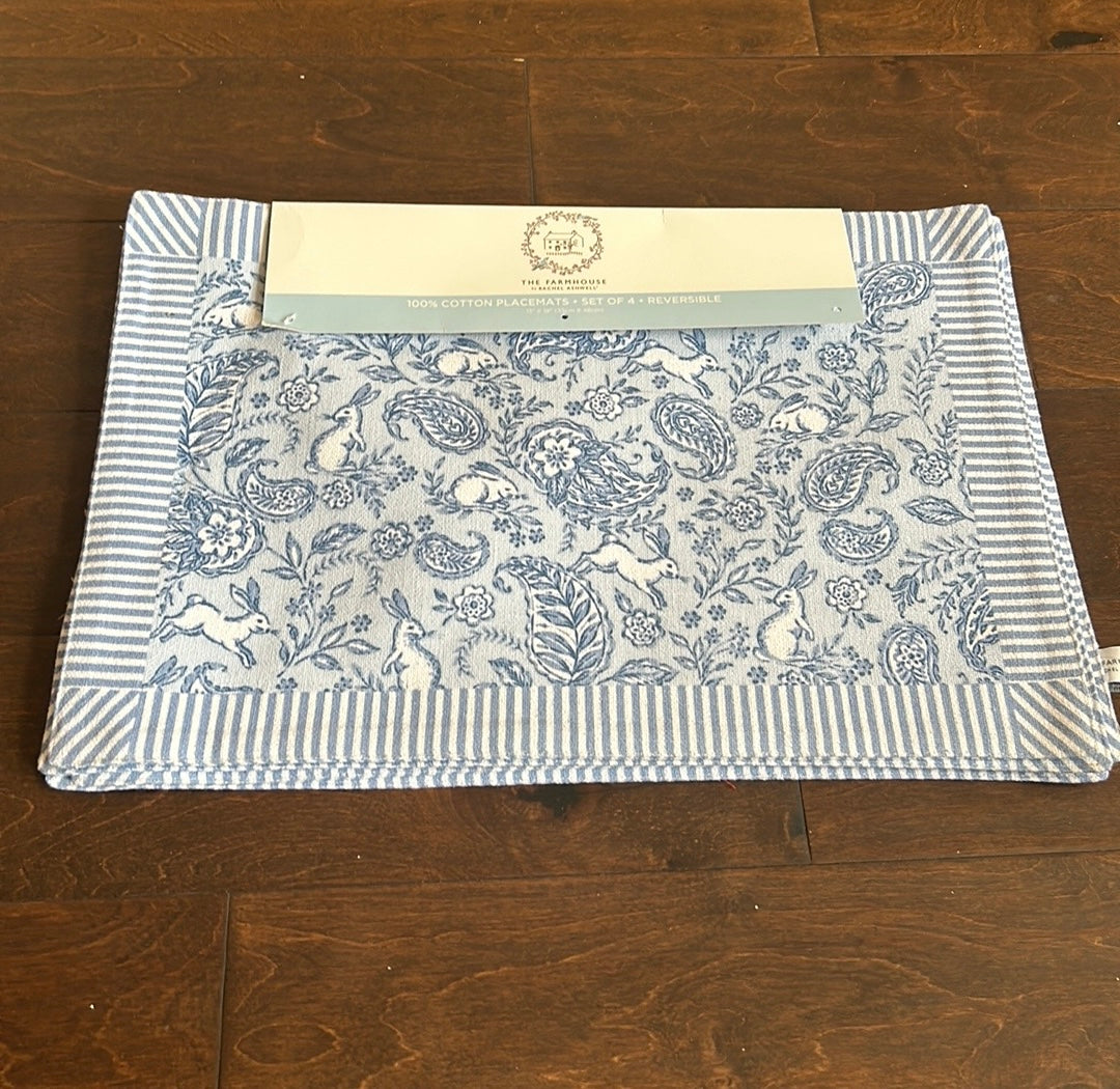 The Farmhouse Rachel Ashwell Set of 4 Placemats Reversible Bunny Floral Easter