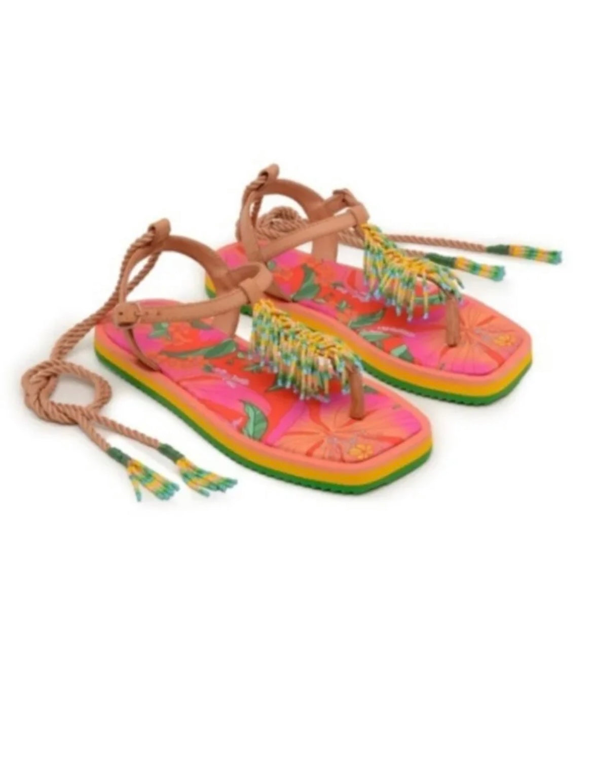 New Farm Rio Floral Pietra Black Banana Beaded Flat Sandals US 7 EUR 38 $260
