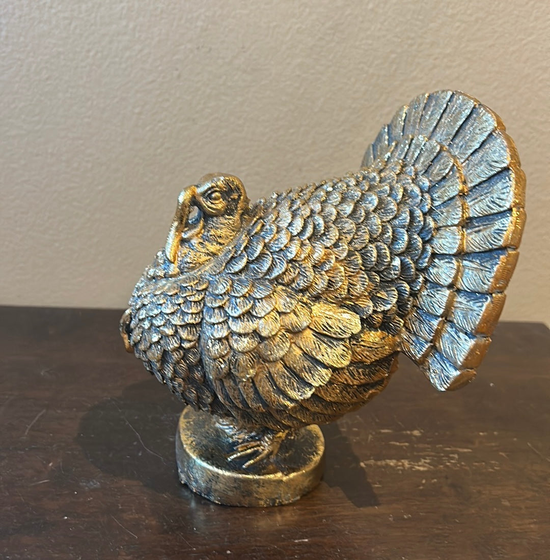 Cute Ceramic Turkey Thanksgiving Fall Figurine New 6” Tall Shimmery Gold